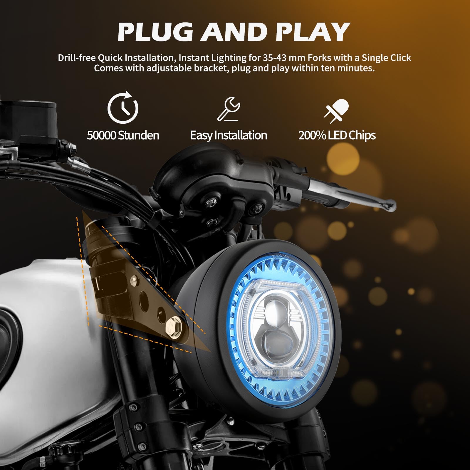 DREAMIZER 5,75 Zoll Motorrad Scheinwerfer-LED mit Halterungen, Universelles Wasserdichtes Motorrad Scheinwerferlicht Kompatibel mit Harley Yamaha Honda Cafe Racer Bobber Chopper