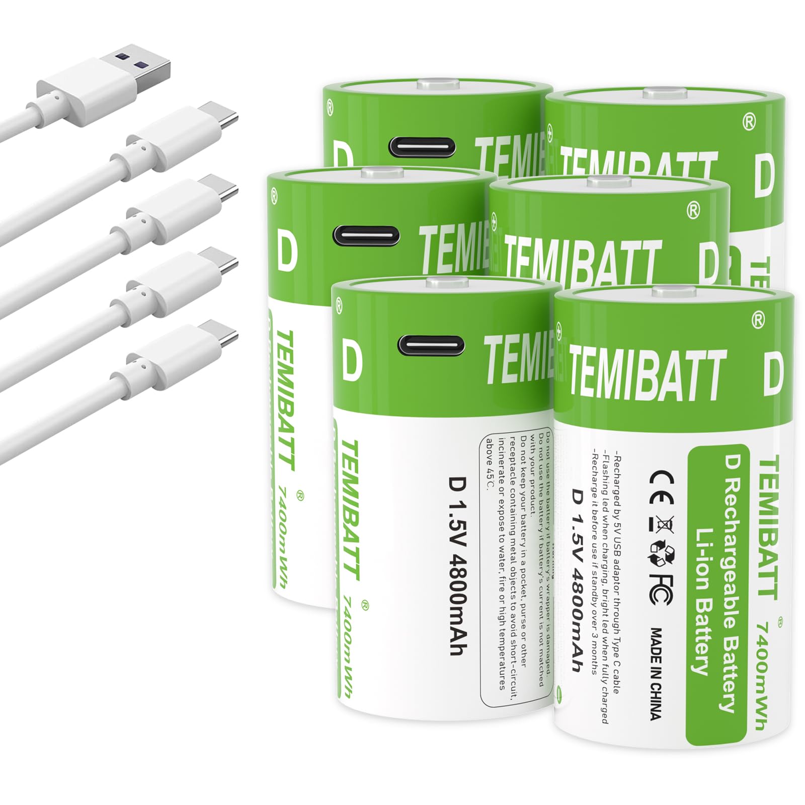 D Akku Wiederaufladbar USB-C, 4800mAh, 1,5V, 6er-Pack