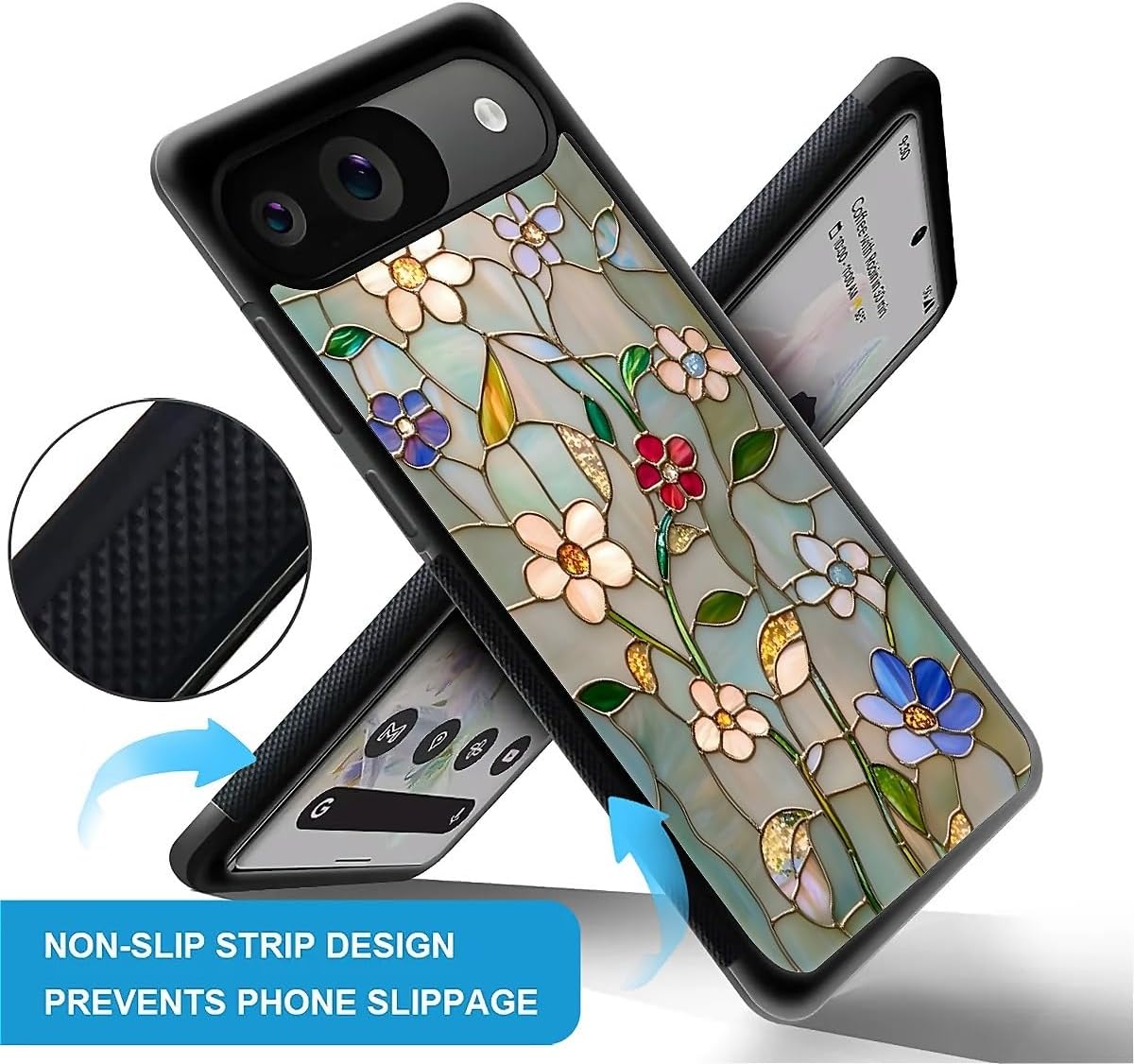 Compatible with Google Pixel 9/9 Pro Case,Flexible Shock-Absorbing Silicone TPU and Silicone Non-Slip for Google Pixel 9/9 Pro Spring Floral Flower Stained Glass Mosaic Boho Botanical Pattern image 5