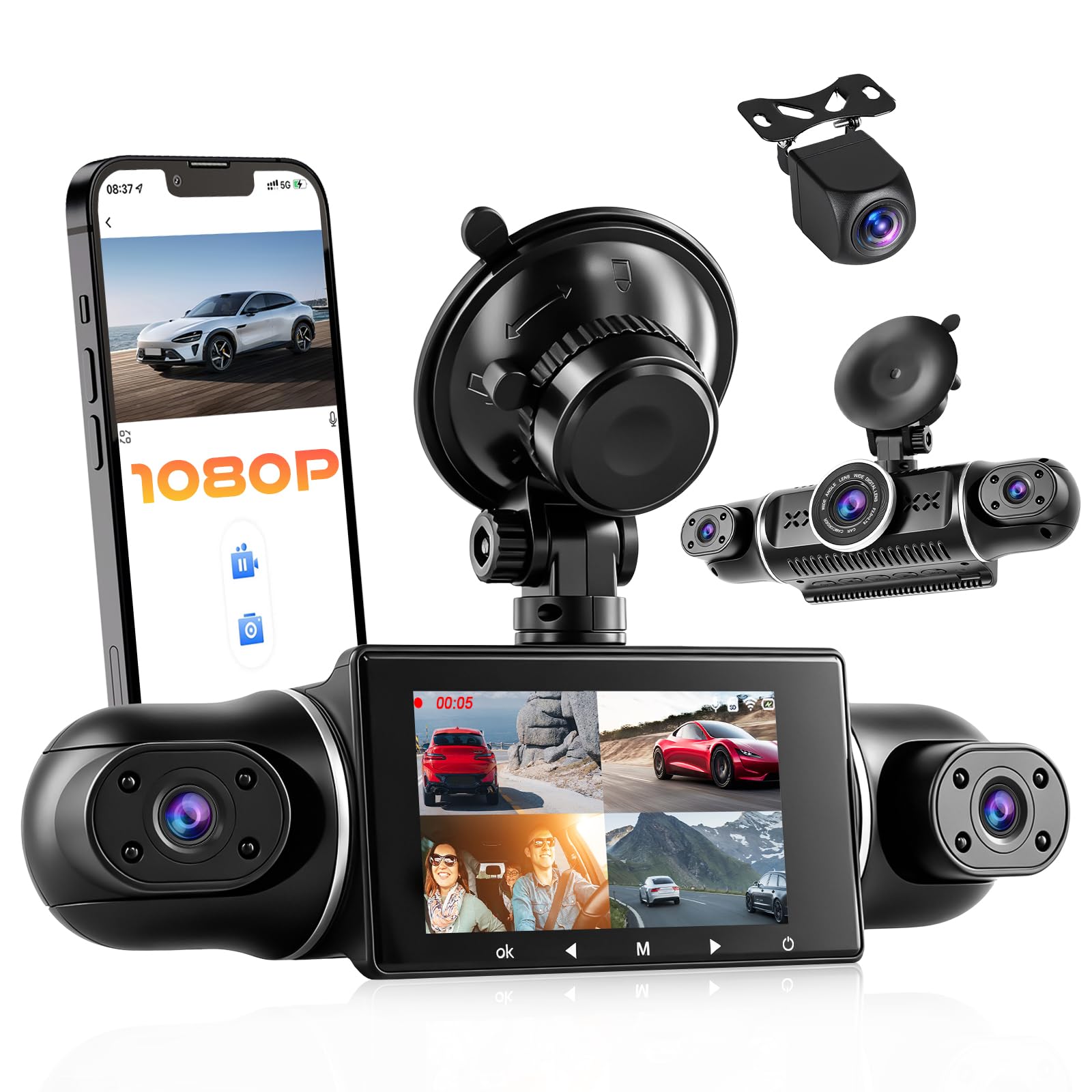 Hikity 3" 1080P WiFi Dashcam 4 Dashcam avec DVR G-Capteur Carte TF 64G