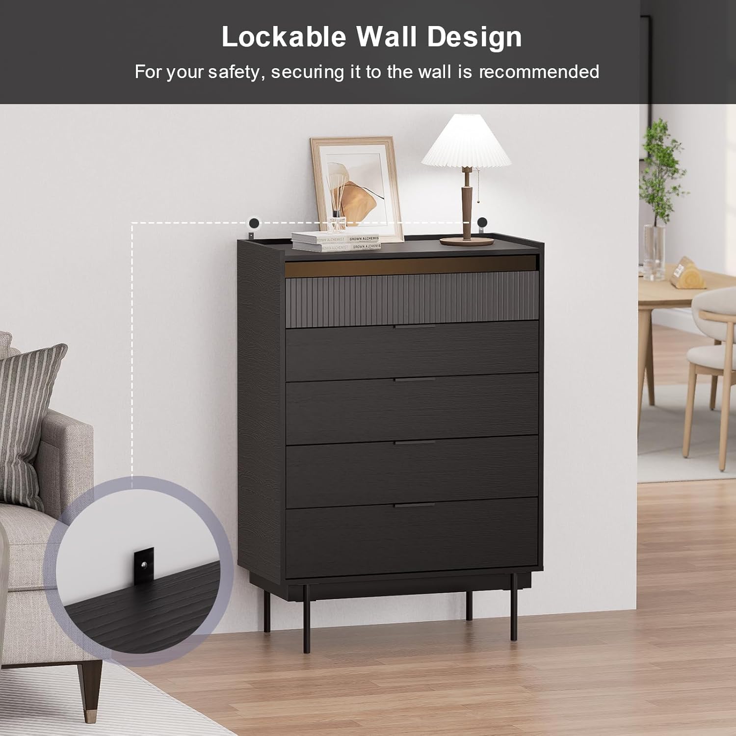 MEISSALIVVE Storage Cabinet, 41" x 45" Large Buffet Cabinet with Storage, Black Sideboard with 5 Drawers, Coffee Bar Cabinet, Modern Entryway Storage for Living Room, Bedroom, Kitchen