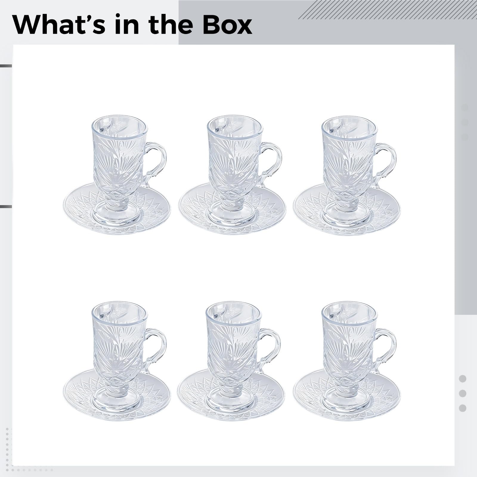 6 Stk. Kristallglas Tee- und Untertassenset, Lattegläser im Diamantdesign, elegante Fußbecher im europäischen Stil mit Griff, hitzebeständig, für Kaffee, Saft, Hochzeit, Party