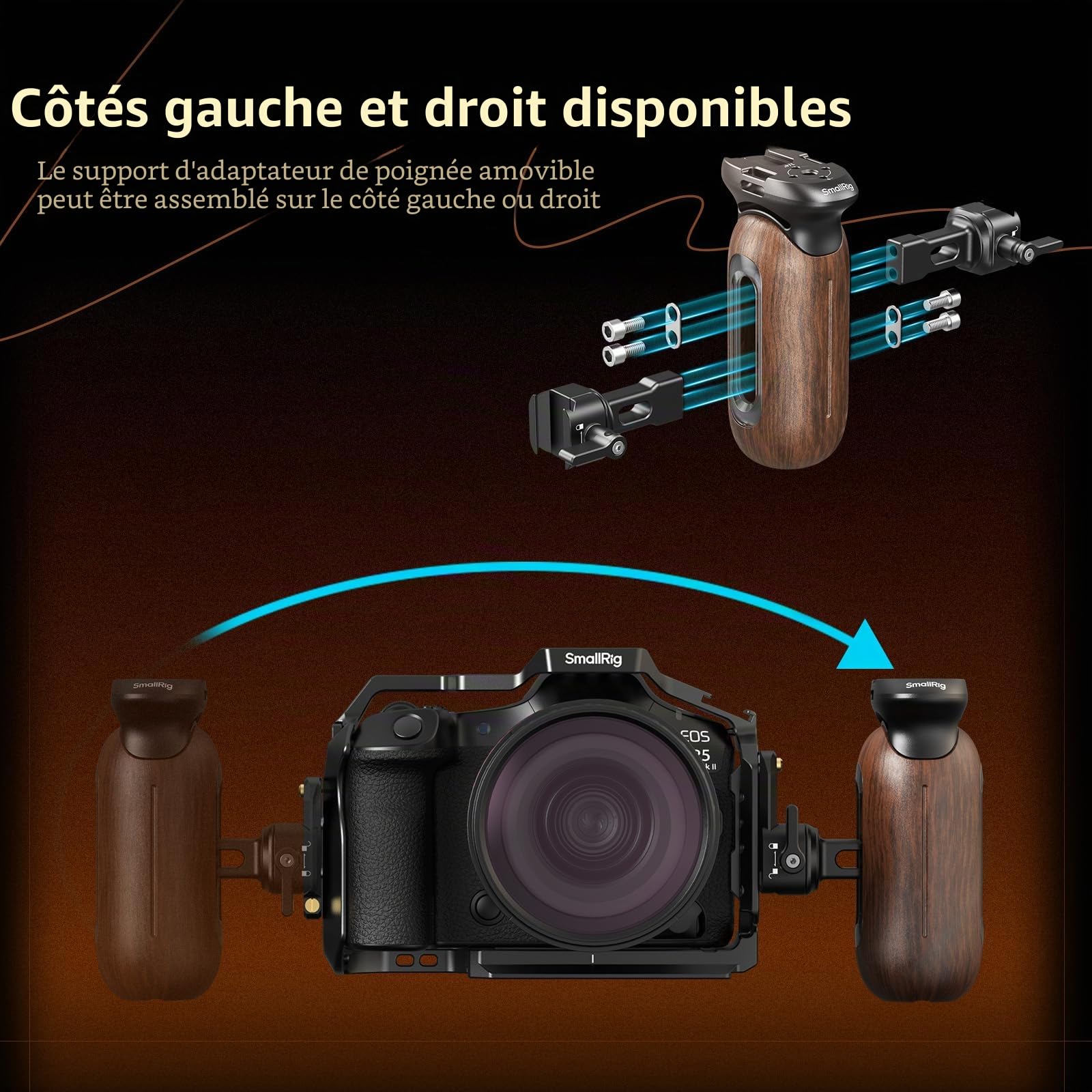 SMALLRIG Poignée Latérale en Bois pour Cages d'Appareil Photo avec Pince OTAN, Poignée Ergonomique Côté Gauche ou Droit, Réglage Vertical Haut/Bas de 27 mm, Capacité de Charge de 15 kg - 5239