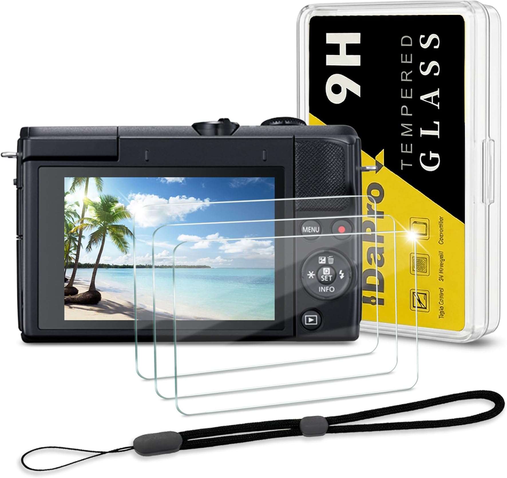 Screen Protector for Canon EOS M200 [3Pcs] +Hand Lanyard [1Pcs],Tempered Glass,Anti-Scratch|9H Hardness|Anti-Bubble|Easy Installation