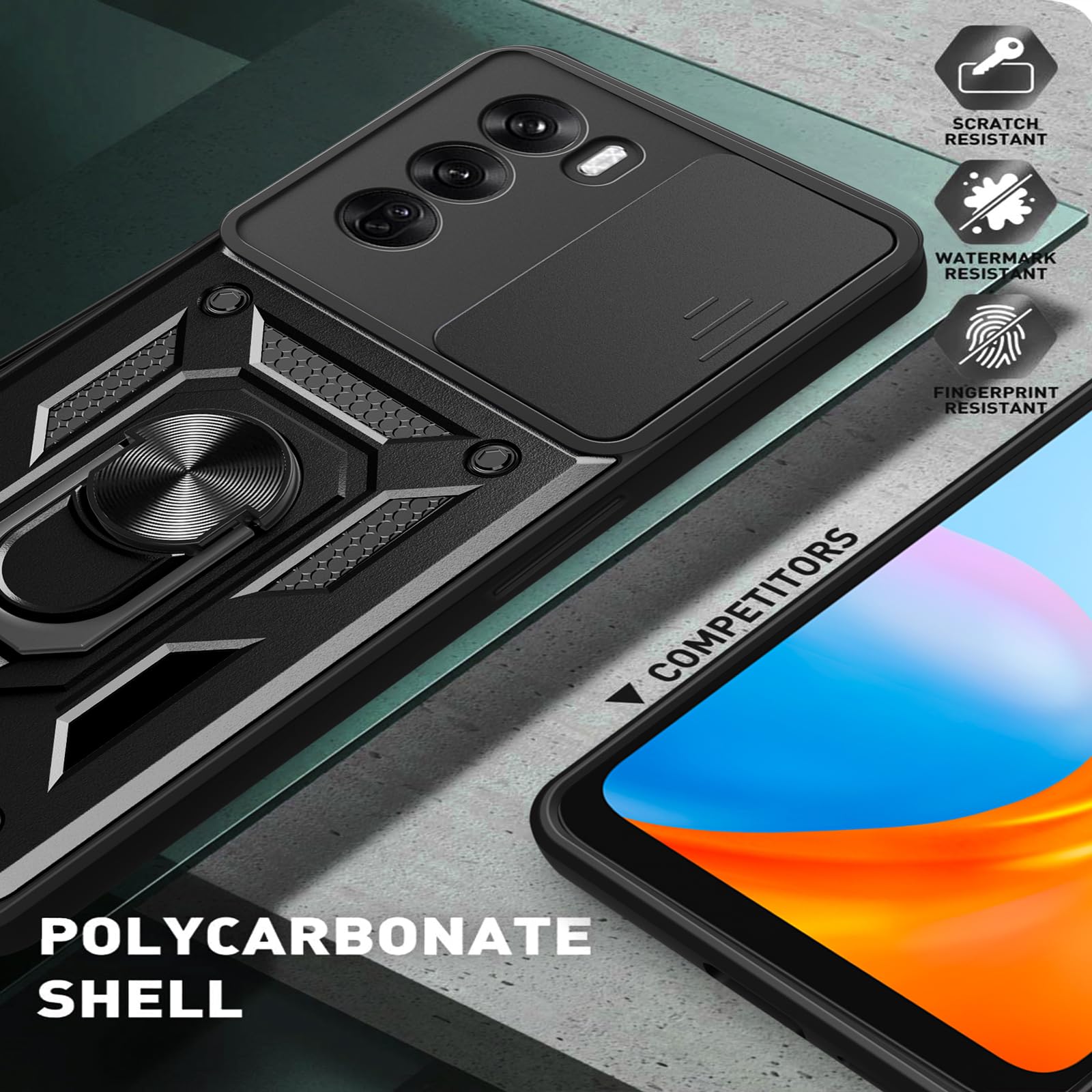 TUUTPU Cover per Oppo Reno 12 5G, Custodia Scorrevole Protezione Fotocamera Militare Antiurto Case con 360° Magnetica Anello Rotante Supporto e TPU Silicone + PC Bumper All'aperto, Nero
