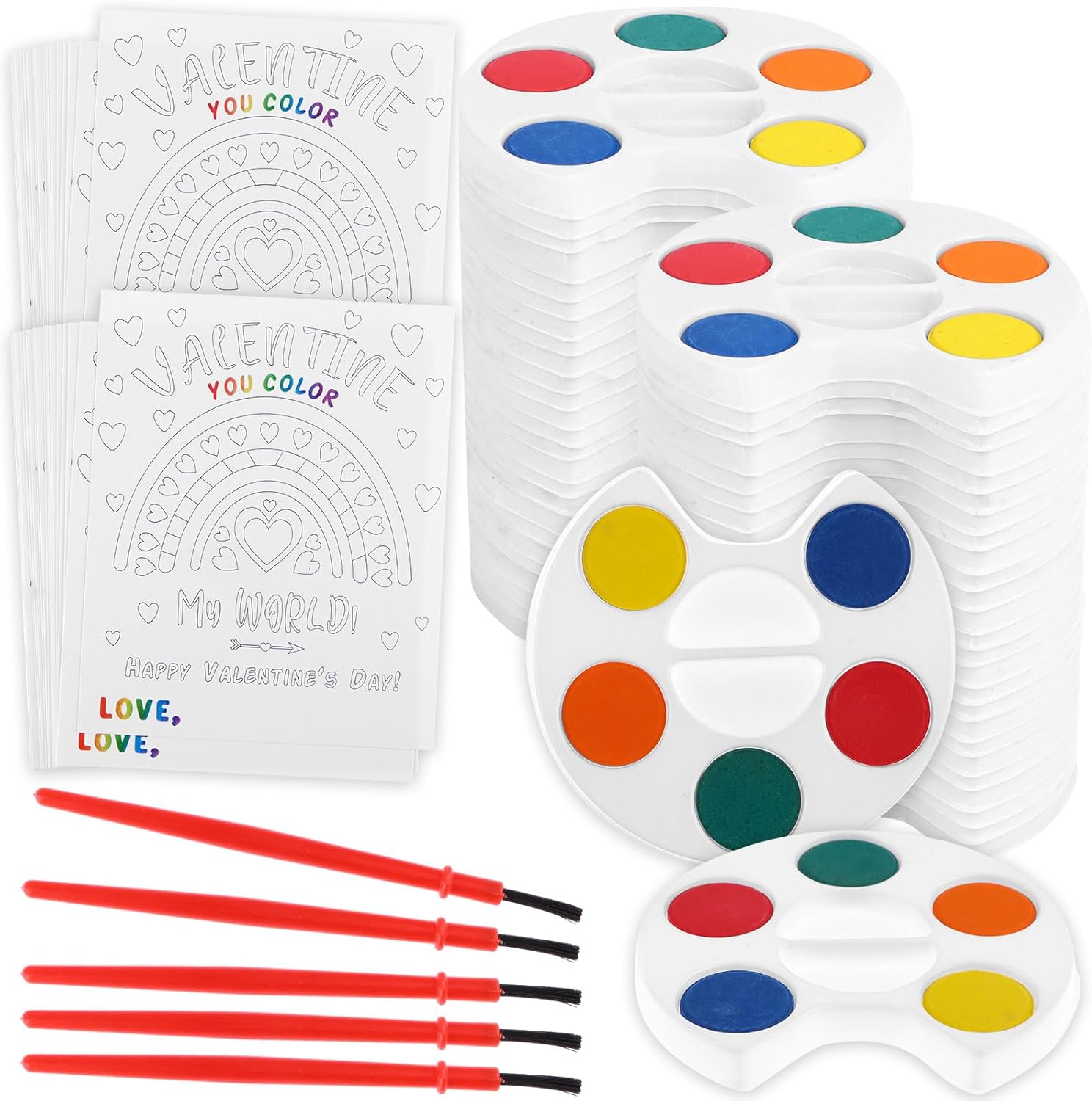 Valentines Day Gift Cards Set - 32 Pack Includes Painting Cards, Mini Watercolor Kids Paint Set, 5 Color Tray with Paint Brush, Preschool Classroom Activity