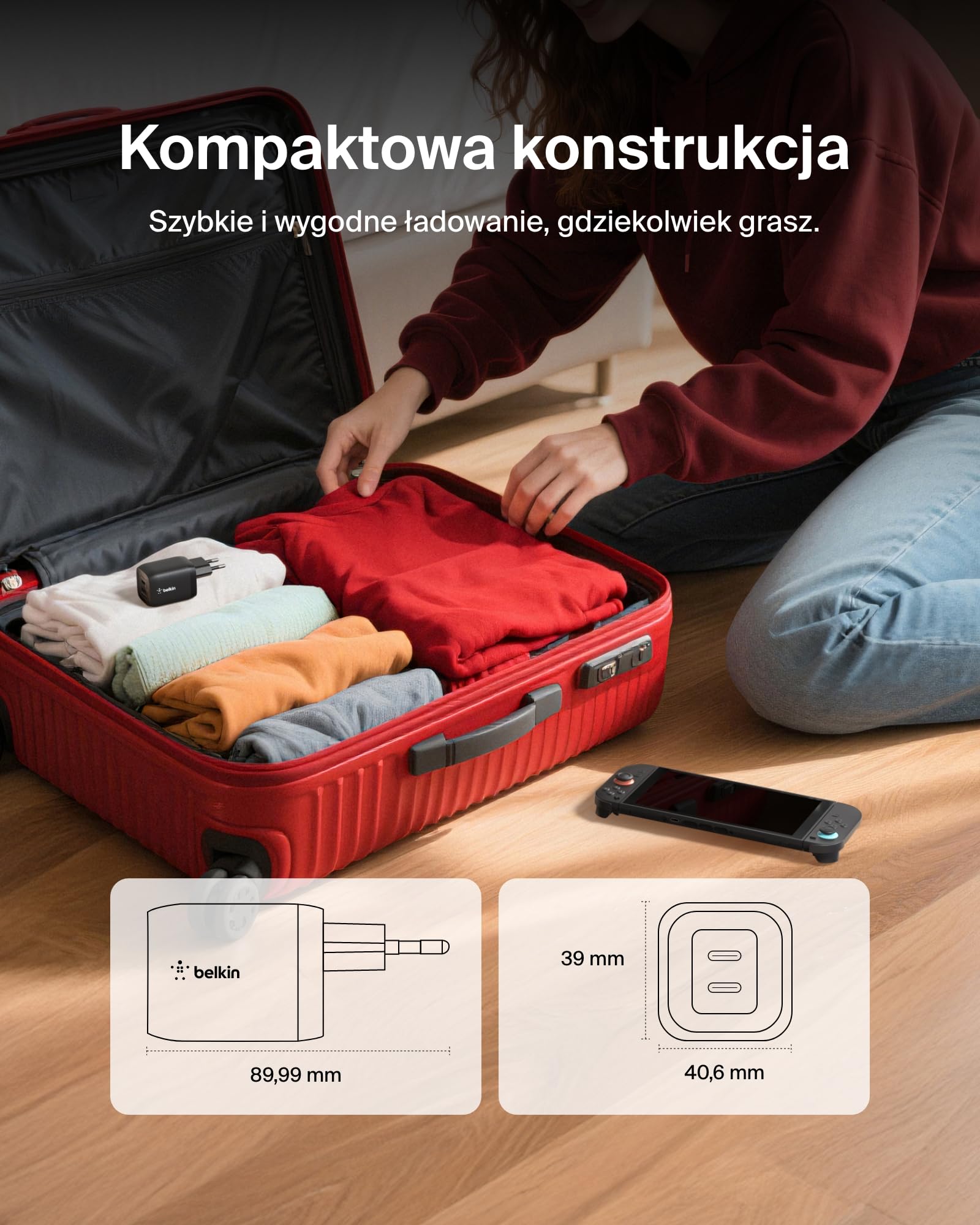 Belkin ładowarka USB-C 65 W z dwoma portami dla graczy, ładowarka USB 3.0 z GaN do szybkiego ładowania Nintendo Switch 2, iPhone 16, iPad, MacBook Air, Chromebook, Samsung Galaxy S25 Ultra – czarna