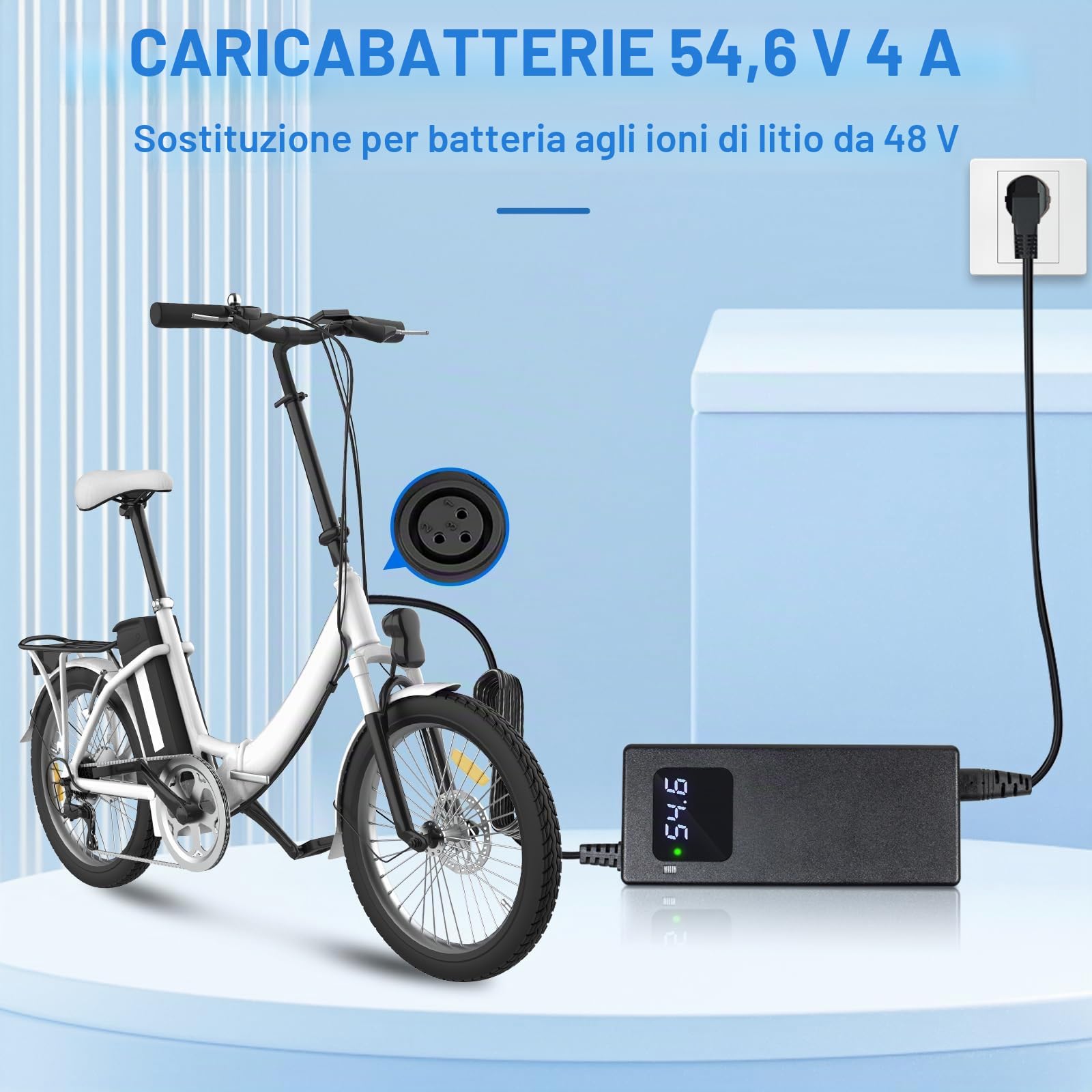 Caricabatteria da 54,6 V 2 A per e-bike e-scooter 48 V 13S batteria al litio con spina XLR a 3 pin, 48 V agli ioni di litio con display ventola integrata