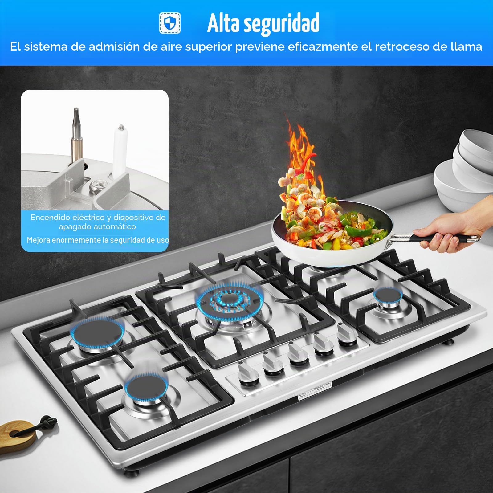 Placa de cocina de gas empotrable con 5 fuegos, acero inoxidable, 86 x 51 cm, para gas natural/propano, estufa empotrable con carcasa de acero inoxidable, para cocina y cocina comercial