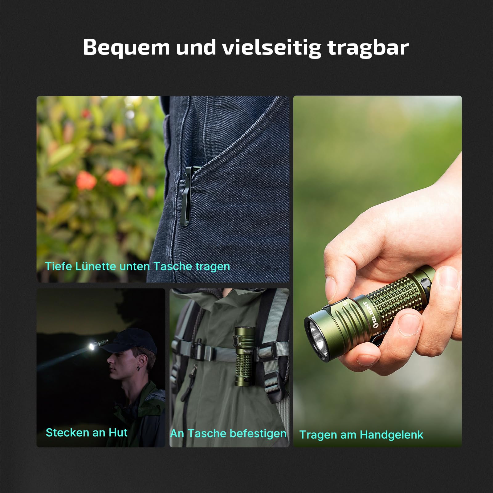 OLIGHT Baton Turbo kleine Taschenlampe 1000 Lumen bis zu 510 Meter Leuchtweite Wiederaufladbare Hanlampe mit Intelligent Anzeige, 50 Tage Laufzeit, 91g Mini Flashlight mit 5 Lichtmodi OD Grün