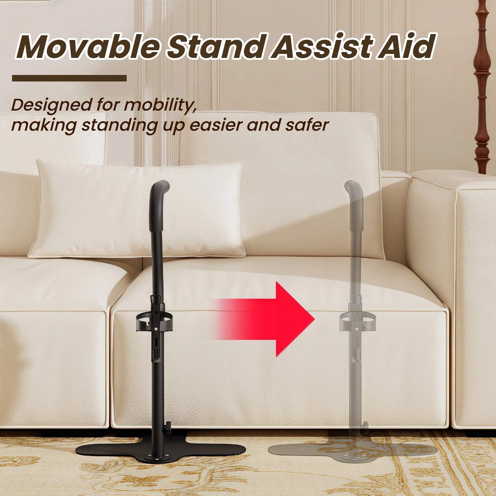 Soporte para personas mayores, altura ajustable de 62 a 87 cm, mango antideslizante y portavasos, adecuado para sofá, silla, ideal para personas mayores y personas con discapacidad
