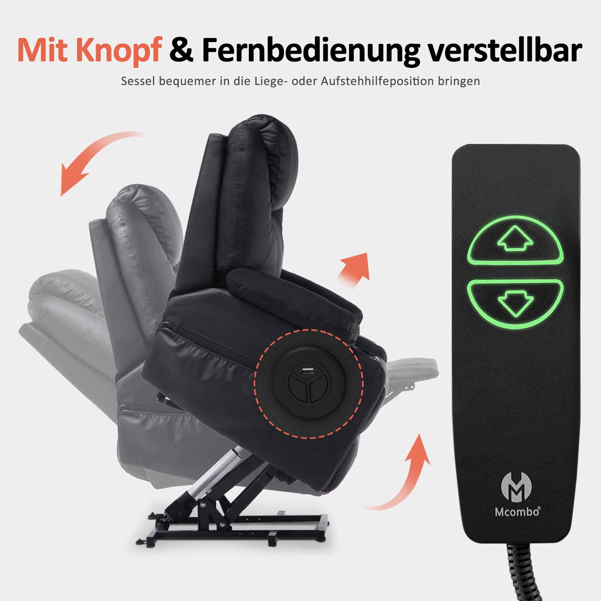MCombo elektrische Aufstiegshilfe, TV-Sessel, Ruhestuhl, Massage, Heizung, elektrisch verstellbare USB-Anschluss