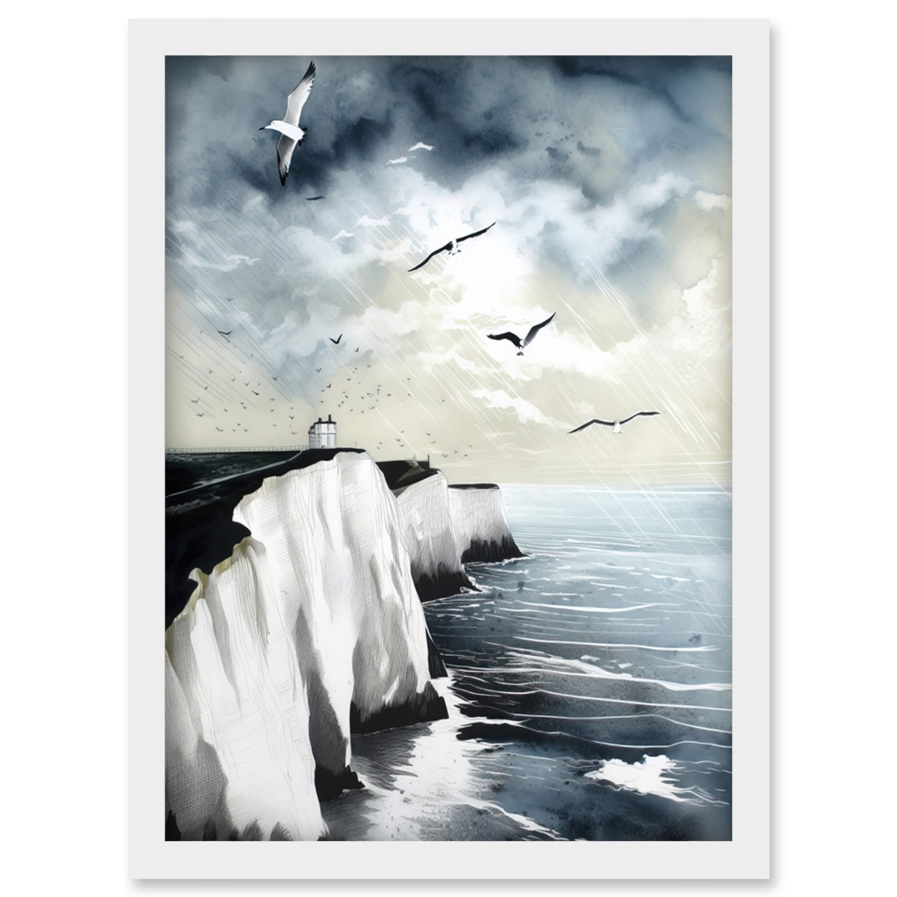 Linocut Print - Seagulls Flying Over White Cliffs of Dover - Framed Wall Art Print A4