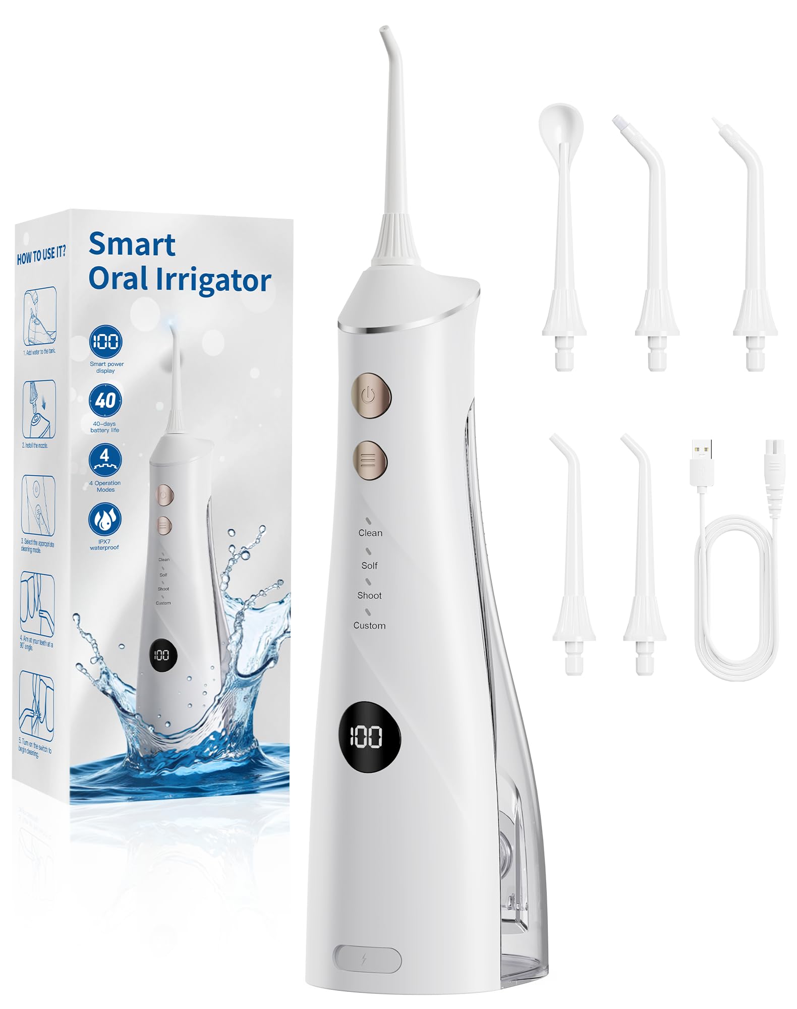 Irrigador Bucal Portatil Flosser, Ganador de la Prueba 2025, 5 Boquillas y 4 Modos, Cuidado Dental y Limpieza Interdental, Tanque Grande, Resistencia al agua IPX7, para Uso Doméstico y De Viaje e