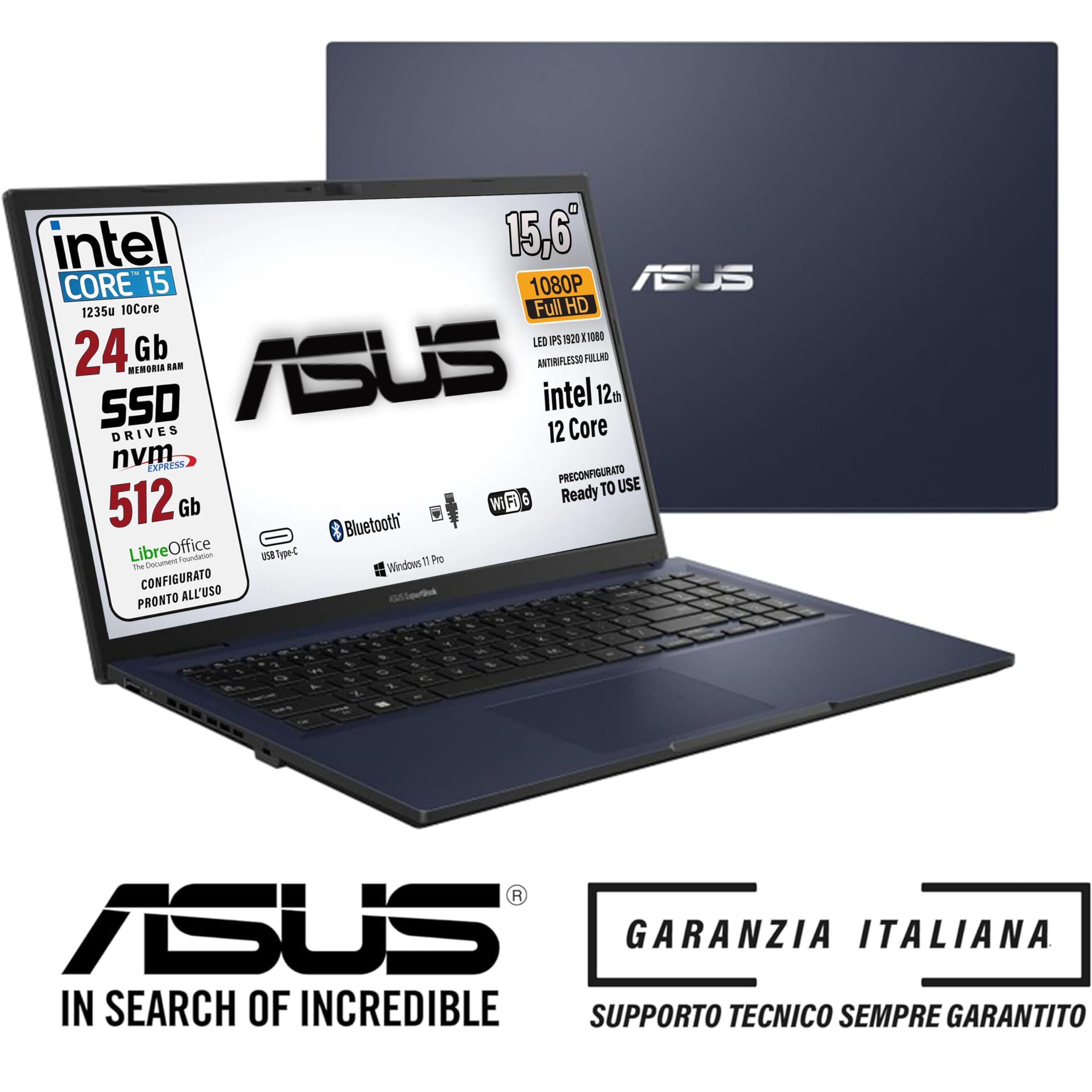 ASUS Notebook, Cpu Intel Core i5, 10Core fino a 4400 MHz, Ram 24 Gb, SSD pci Nvme da 512 Gb, 15,6" FHD, Hdmi, bt, webcam, Wi-fi, 4 Usb, Bt, Win 11Pro, Libre Office, Tastiera italiana, Gar. Italia