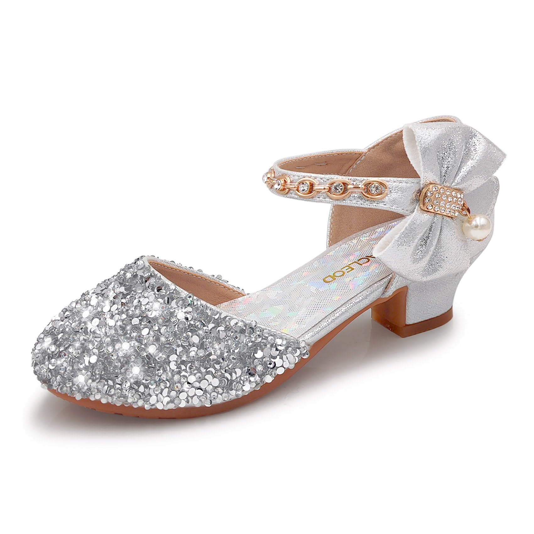 Mei MACLEOD Girls Dress Shoes Low Heel Princess Heels Sparkly with Pearl Bowknot for Wedding Party