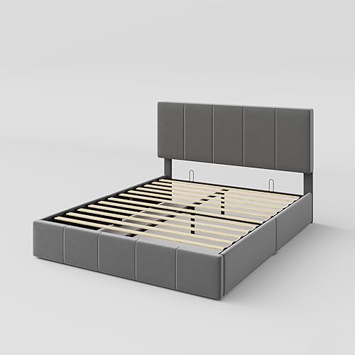 Miniatura 9 de Allewie Marco de cama de almacenamiento elevable de terciopelo de tamaño matrimonial, cabecera capitonada de canal vertical, almacenamiento