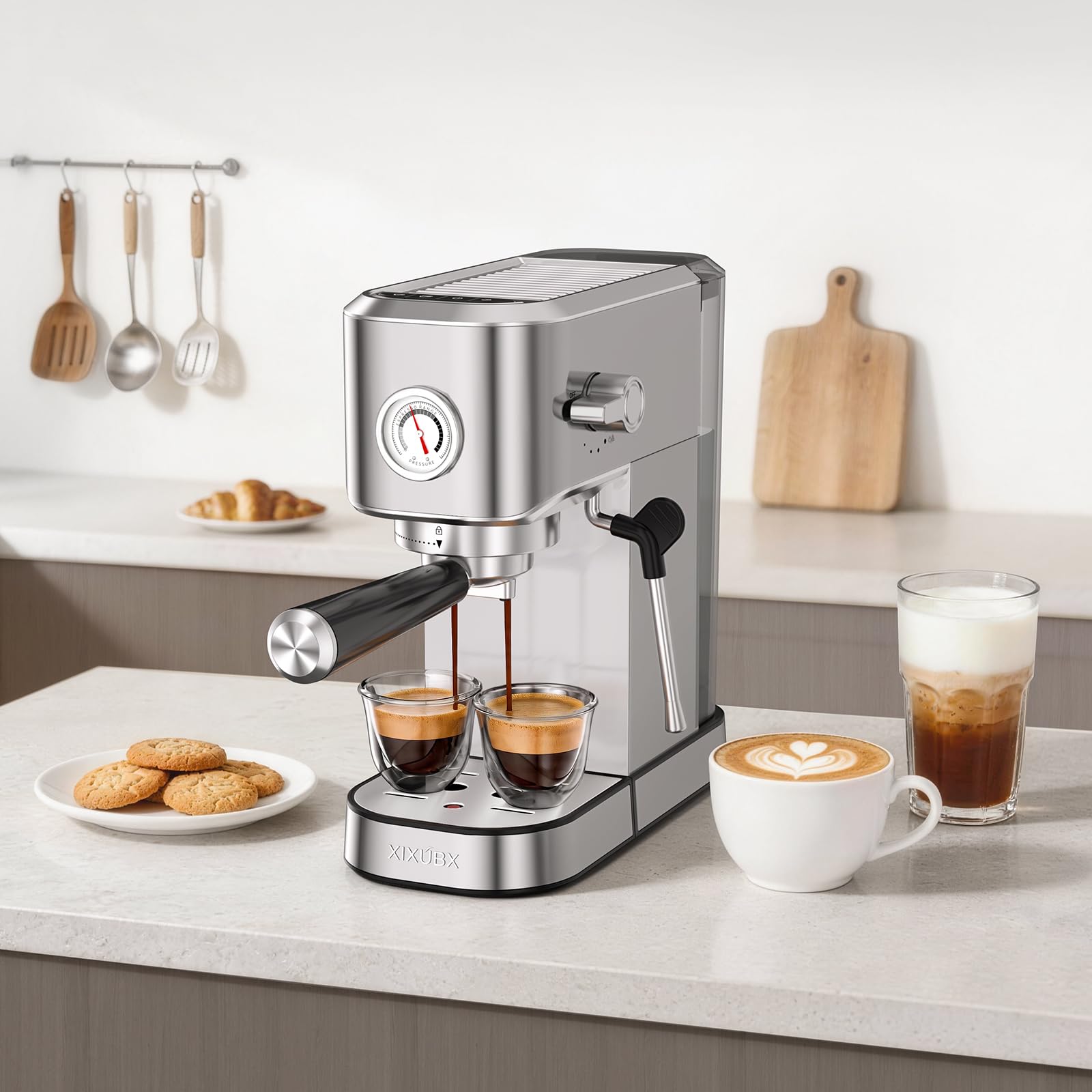 XIXUBX Cafetera espresso compacta de 20 bares con espumador de leche de acero inoxidable para capuchino y café con leche, medidor de presión de tanque de agua de 1 litro