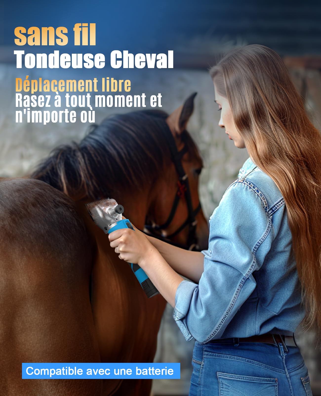 oneisall tondeuse cheval 2 batteries, tondeuse professionnelle pour cheveux épais et emmêlés, sans fil pour chevaux avec moteur puissant de 2400 PRM/MIN, pour tous les poils du corps (Bleu)