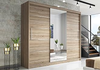 RAC3 Race to Road Modern Bedroom Sliding Wardrobe with LED Light - Ample Storage Space and Sleek Design comes in White/Grey/Black/Oak and Width 150cm/180cm/203cm/250cm (Oak, 250cm)