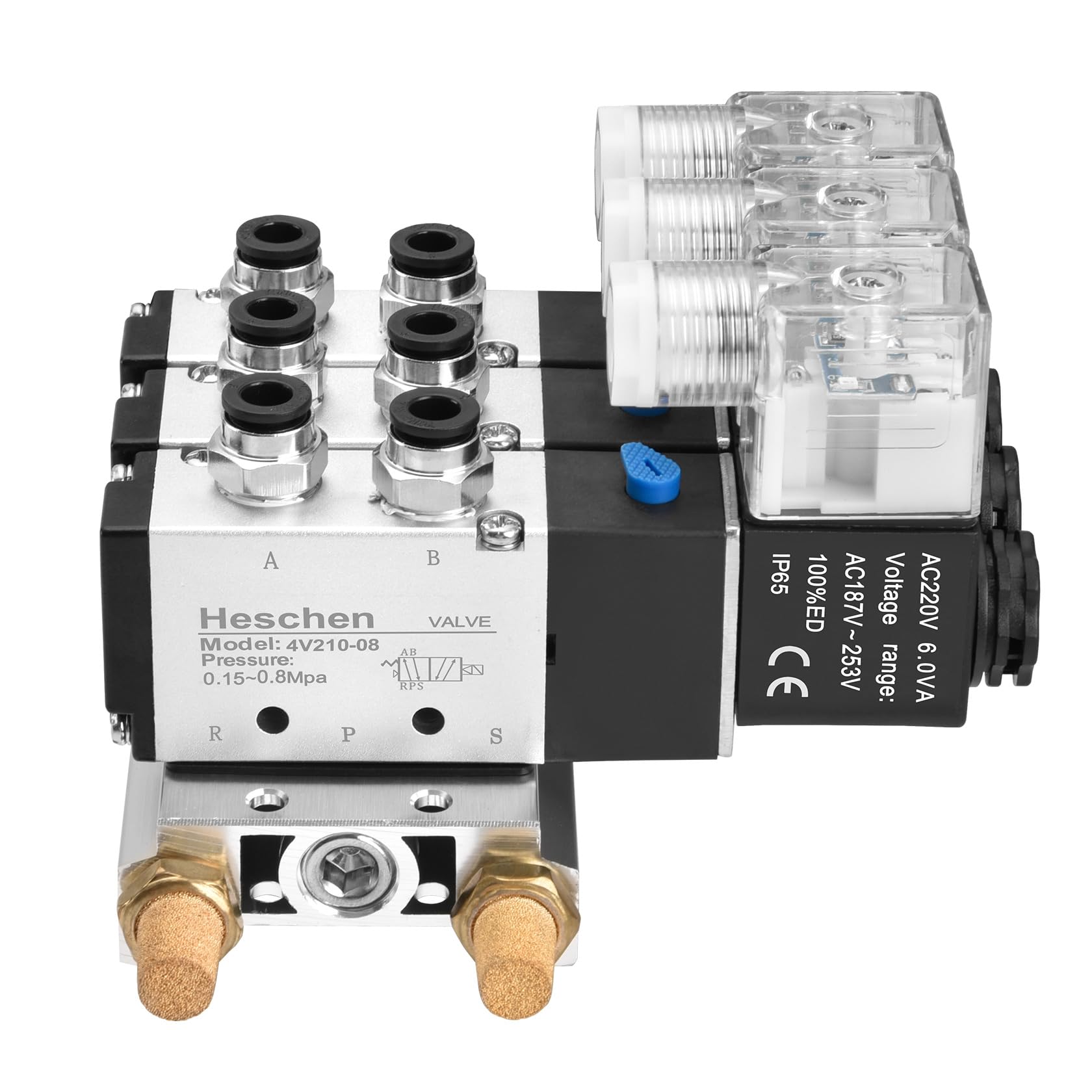 Heschen Eléctrica neumática triple válvula solenoide 4V210-08, AC220V, PT1/4'', 5 vías 2 posiciones, Manifold Base Silenciador Rápido Accesorios Conjunto