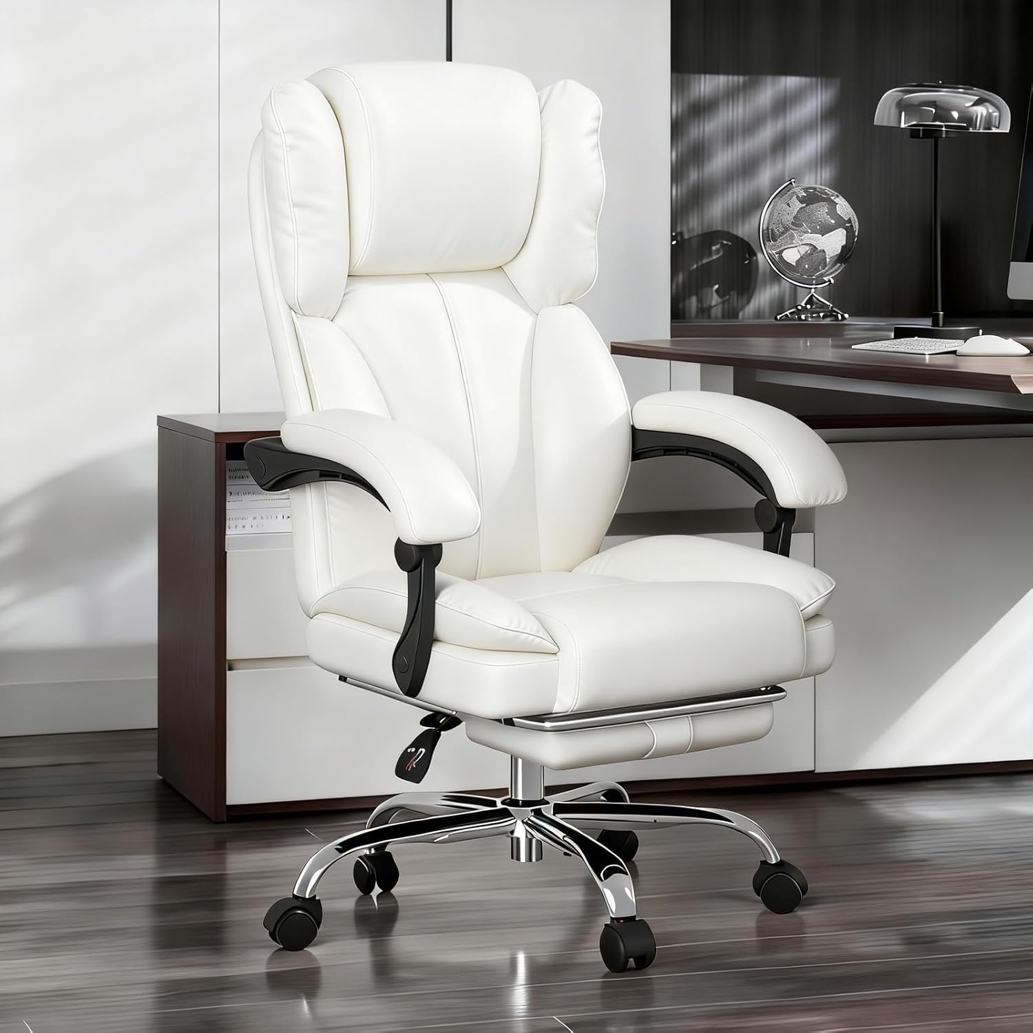 Big and Tall Office Chair 500lbs Wide Seat,Executive Ergonomic Office Chair High Back Gaming Chair with Retractable Headrest and Footrest,Heavy-Duty PU Leather Computer Chair for Heavy People, White