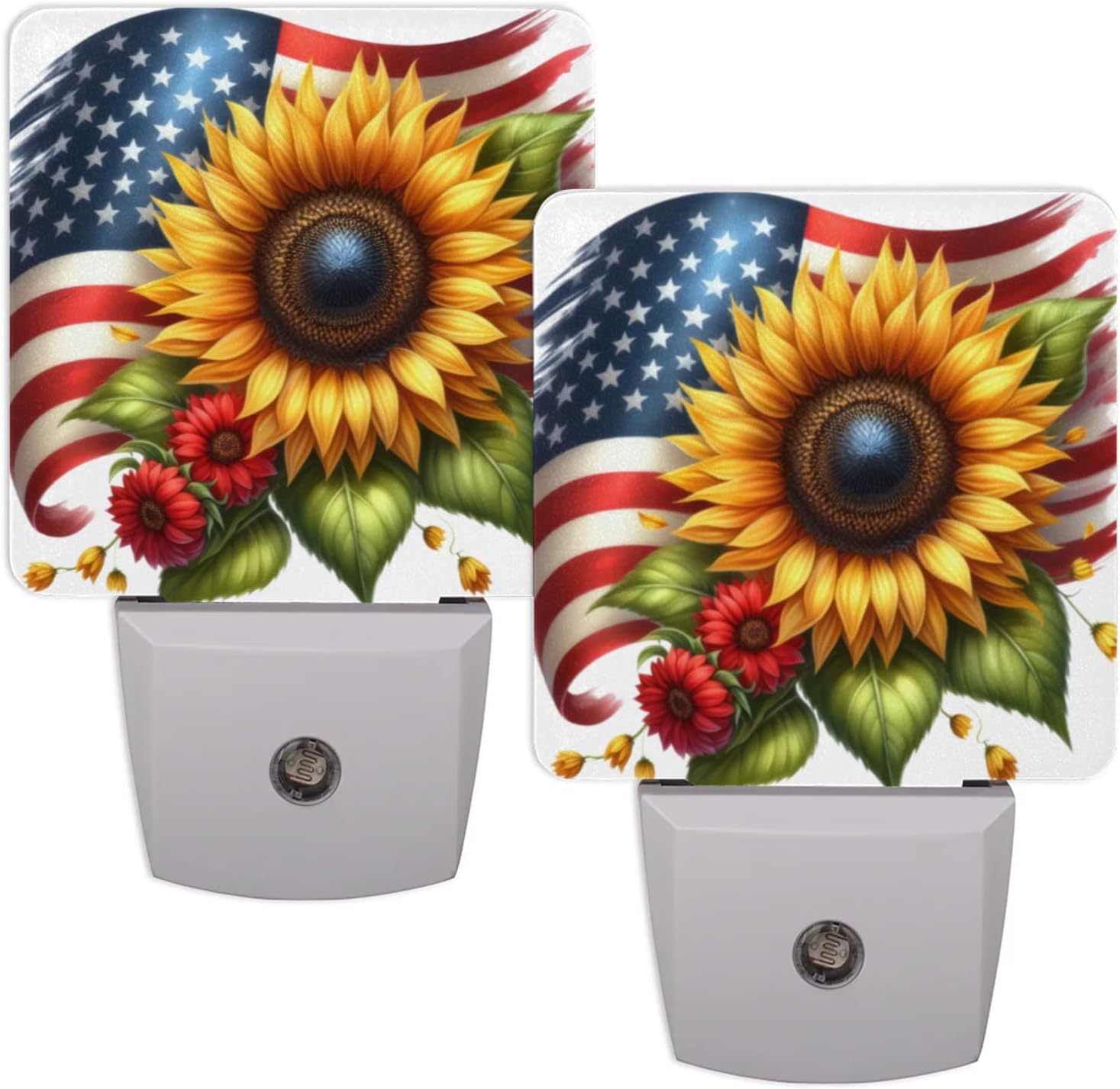 Sunflower Flower American Flag Plug in Night Light Set of 2 LED Nightlights Auto Dusk to Dawn Sensor Nightlight Lamp for Kids Boy Girls Room Bedroom Bathroom Kitchen Hallway Nursery Stairs Decor