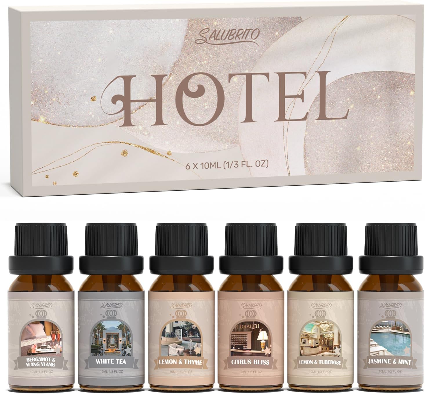 SALUBRITO Hotel Fragrance Oil Set, Luxury Essential Oil Set for Diffuser, Candle, Soap Making Scents, Bergamont & Ylang-ylang, White Tea, Lemon & Thyme, Citrus Bliss, Lemon Tuberose, Jasmine & Mint