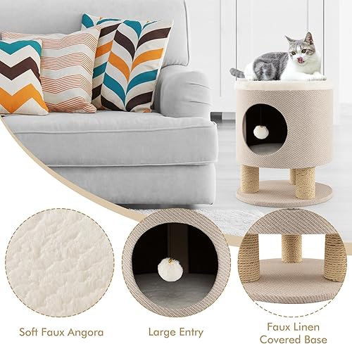 Miniatura 6 de Tangkula Taburete de condominio para gatos de interior, otomana de casa de mascotas y cama para gatitos con postes rascadores y juguete de bola de