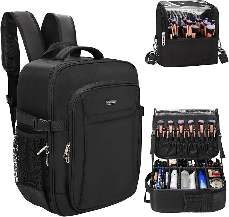 Relavel Mochila para Maquiagem e Estojo para Pincéis com Divisórias Ajustáveis, Alça de Ombro e Zíper, Preto, Conjunto com 2