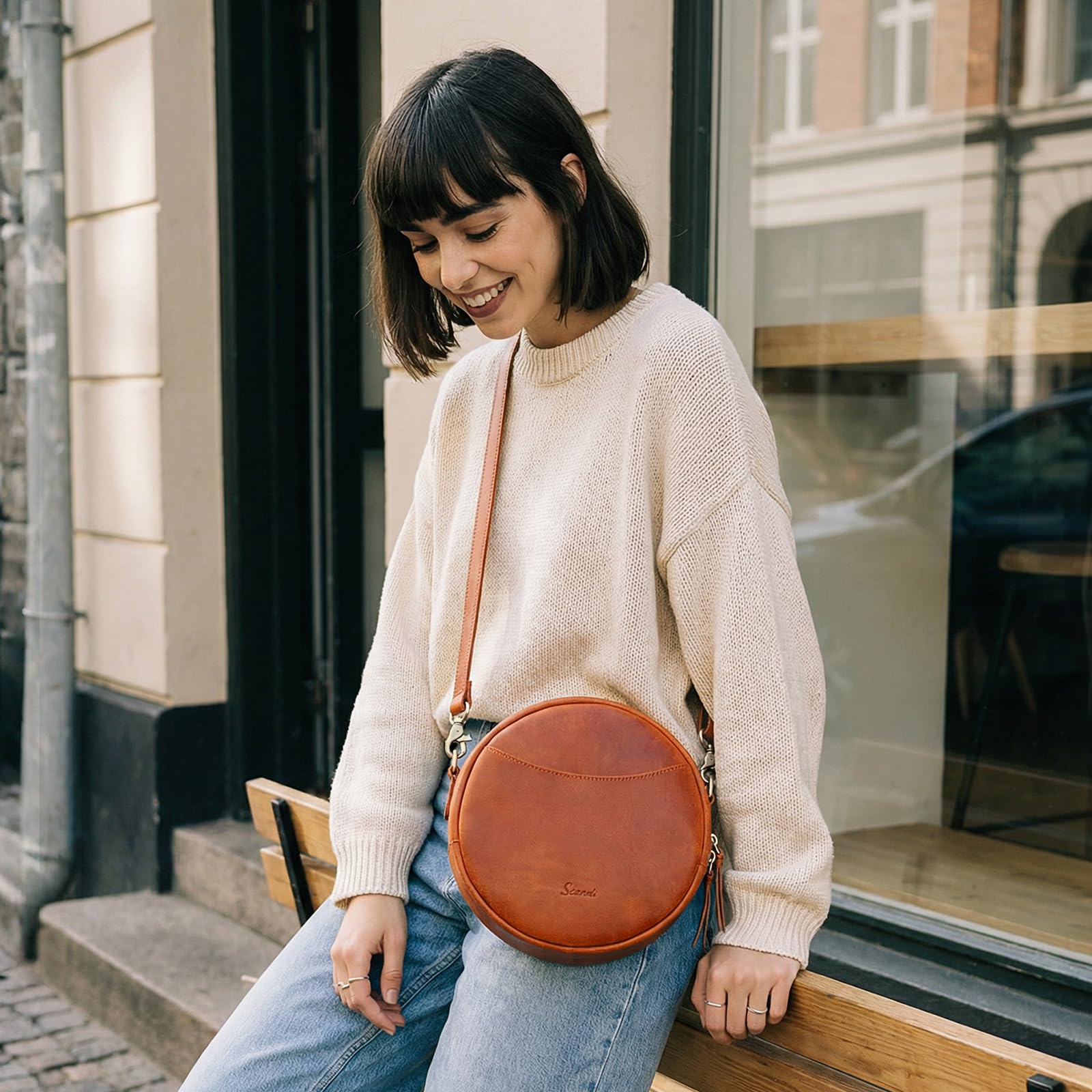S-ZONE Bolsos cruzados de cuero para mujer, bolso cruzado de moda, bolso de hombro redondo de diseñador