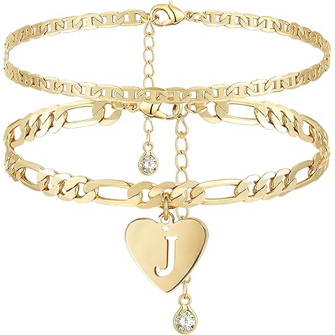 YANODA Initial Ankle Bracelets for Women, Layered Gold Anklets for Women 14k Real Gold Filled Figaro Letter Anklets for women waterproof Summer Jewelry Personalized Gifts for Women