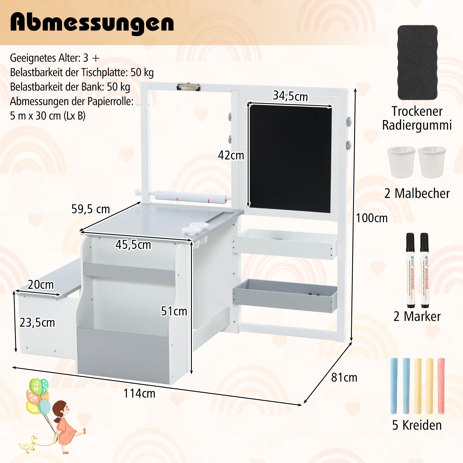 DREAMADE 3 in 1 Kindersitzgruppe, Höhenverstellbares Tisch Stuhl Set Mit Strauraum, Papierrolle, Ablagefächer & Bücherregal, Staffelei Maltisch Set Für Kinder Ab 3 Jahren (Grau+Weiß)