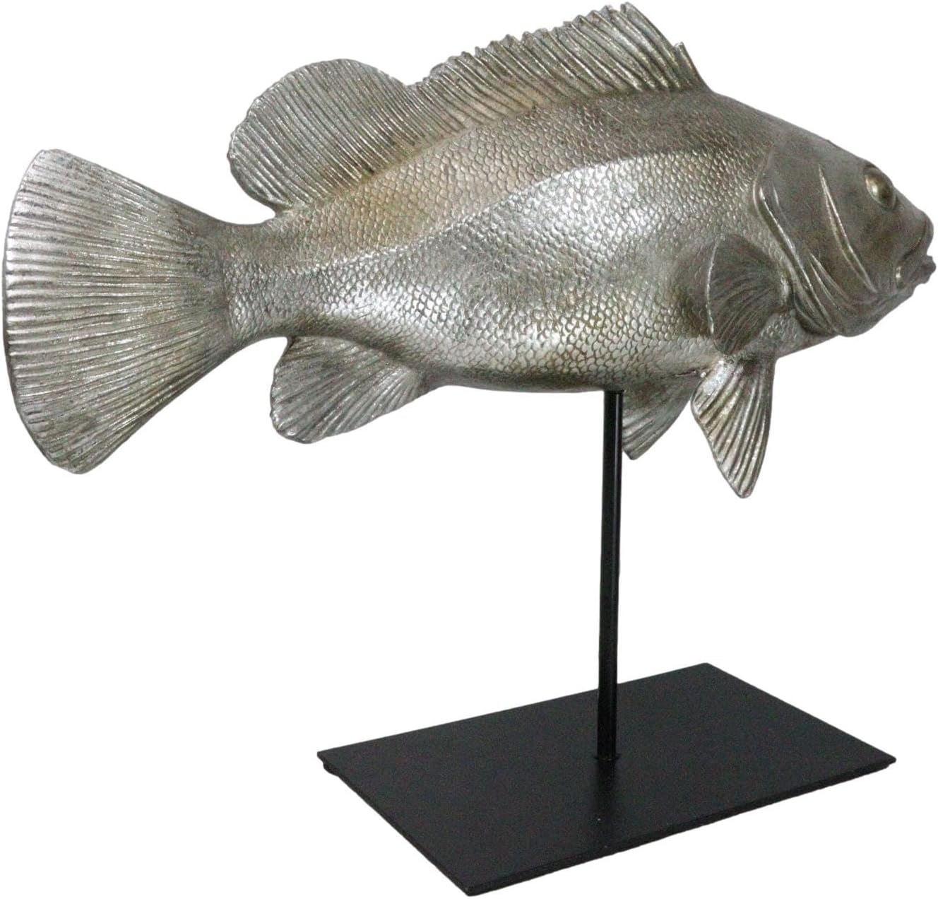 Ebros Gift Nautical Marine Wildlife Faux Taxidermy Serranidae Grouper Fish Sculpture in Silver Finish with Museum Black Pole Base Stand Coastal Ocean Wildlife Fish Accent