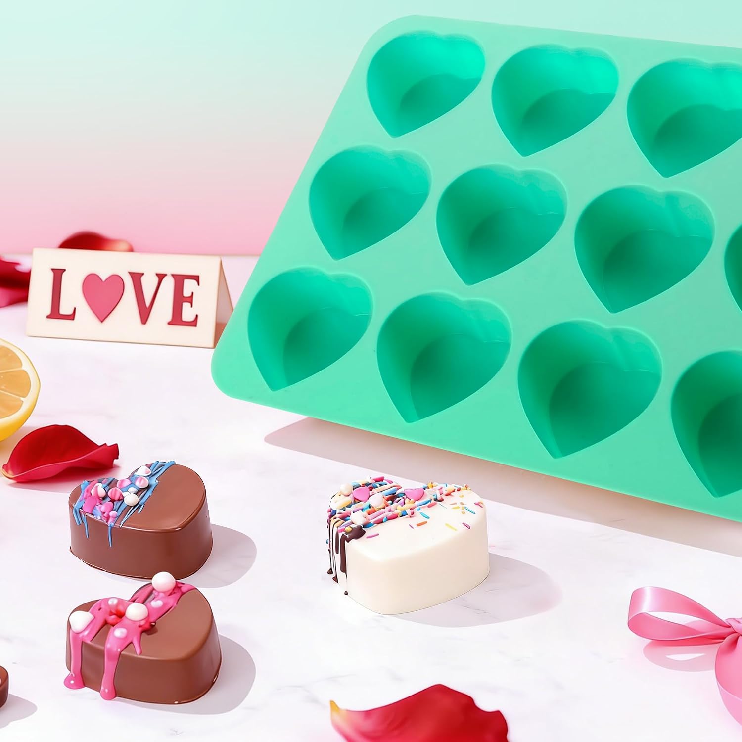 Zorazio 12-Cavity Heart Silicone Muffin Pan,2Pack Valentine's Day Non-Stick Heart Shaped Silicone Molds for Muffin Cake,Chocolate,Pudding,Candy,Jelly,Handmade Soap (12Cavity)
