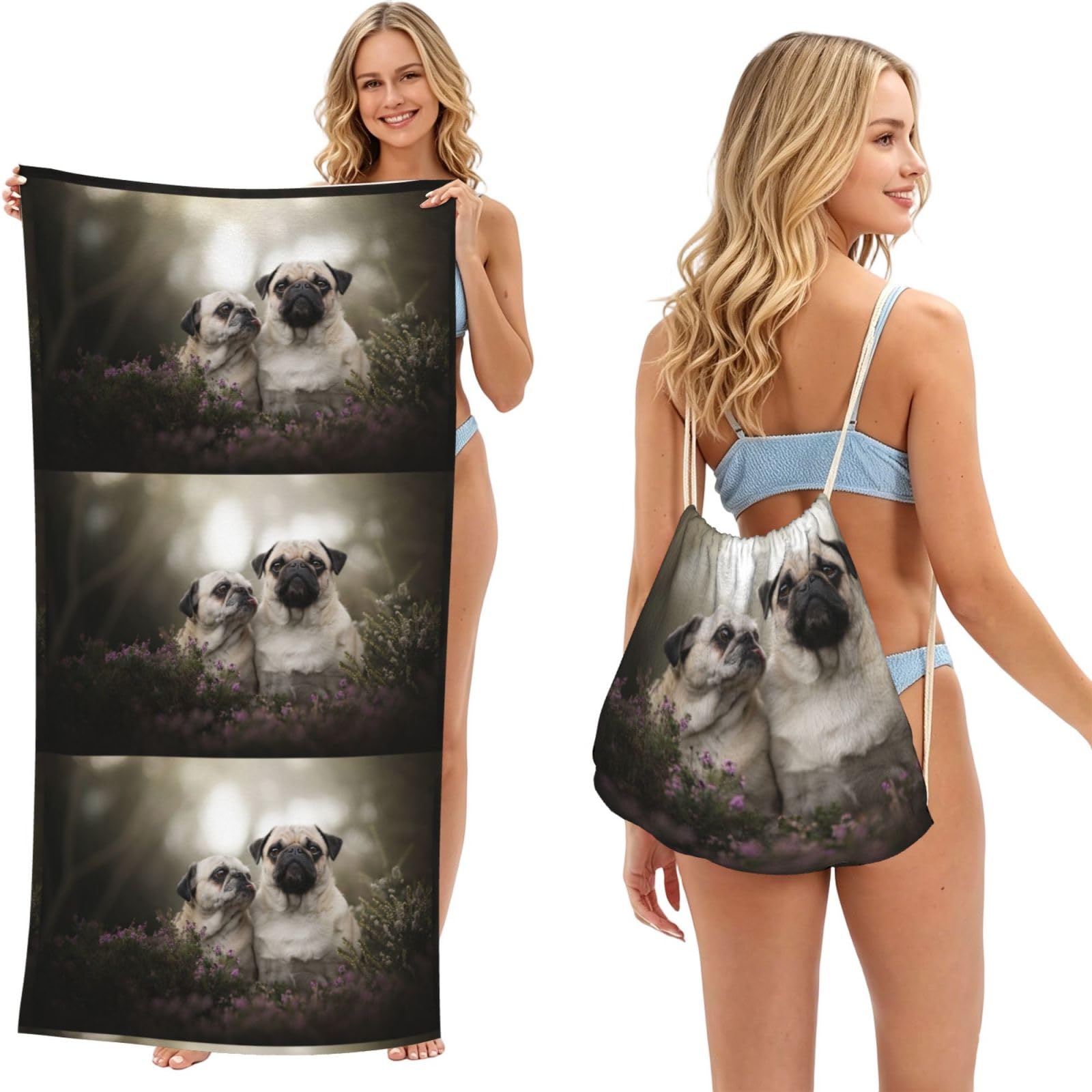 Poadnly As Picture Pug Dogs Family Bokeh Mother And Cub Dogs Pets, 2 In 1 Packable Towel Bag, Beach Towels With Drawstring Backpack For Travel Holiday Camping