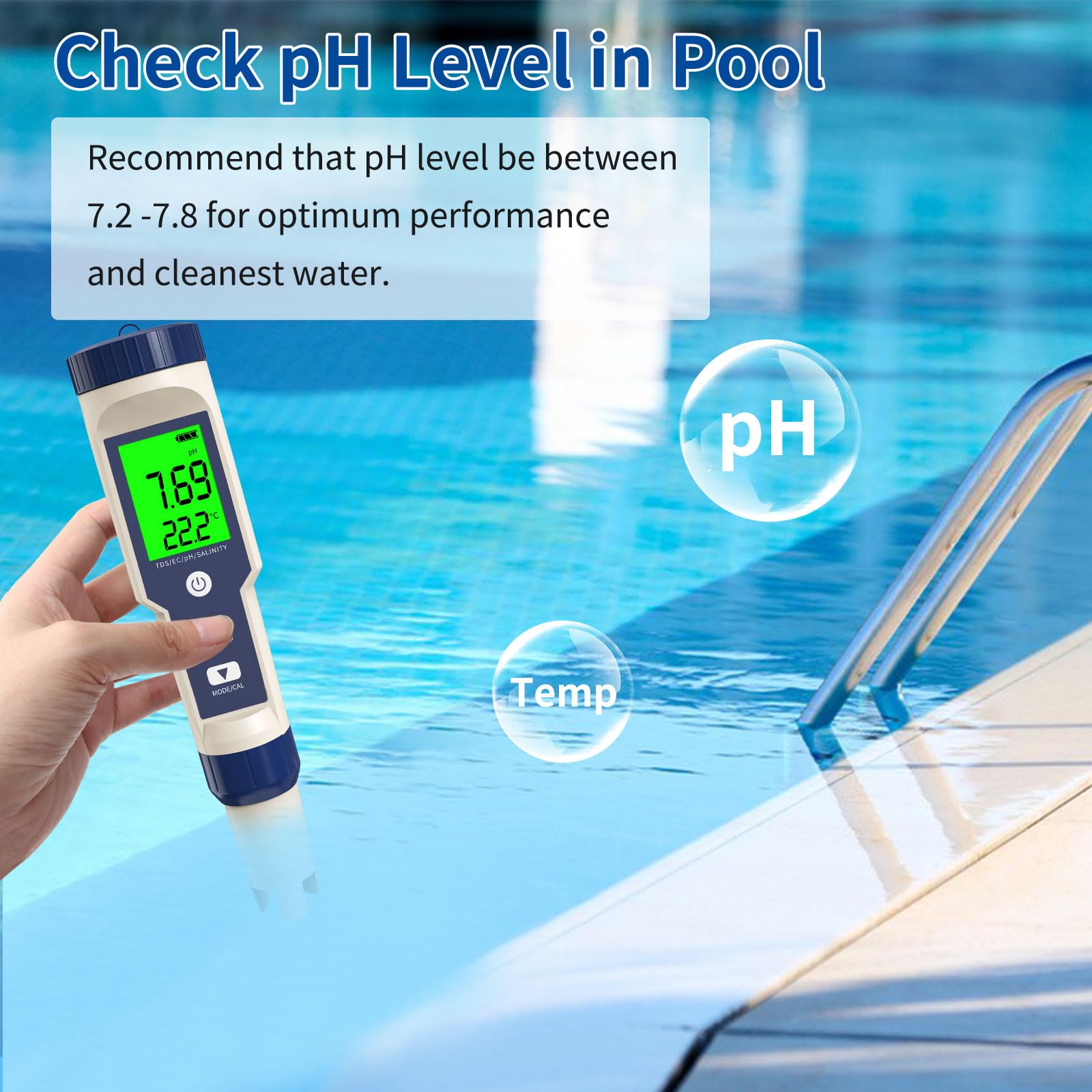Misuratore digitale di pH acqua, 5 in 1 TDS EC salinità, tester di temperatura con ACT, IP67, misuratore di pH per acqua, piante, acqua potabile, acquari, ecc