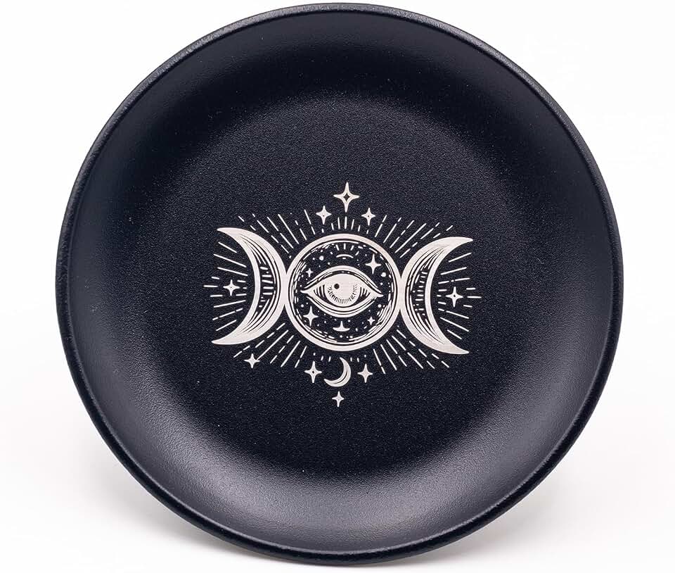 Offering Bowl Prayer Ritual Plate Great for Wicca, Altar use, Ritual use, Incense Burner, smudging Bowl, Decoration Bowl, offering Bowl (Black Triple Moon)