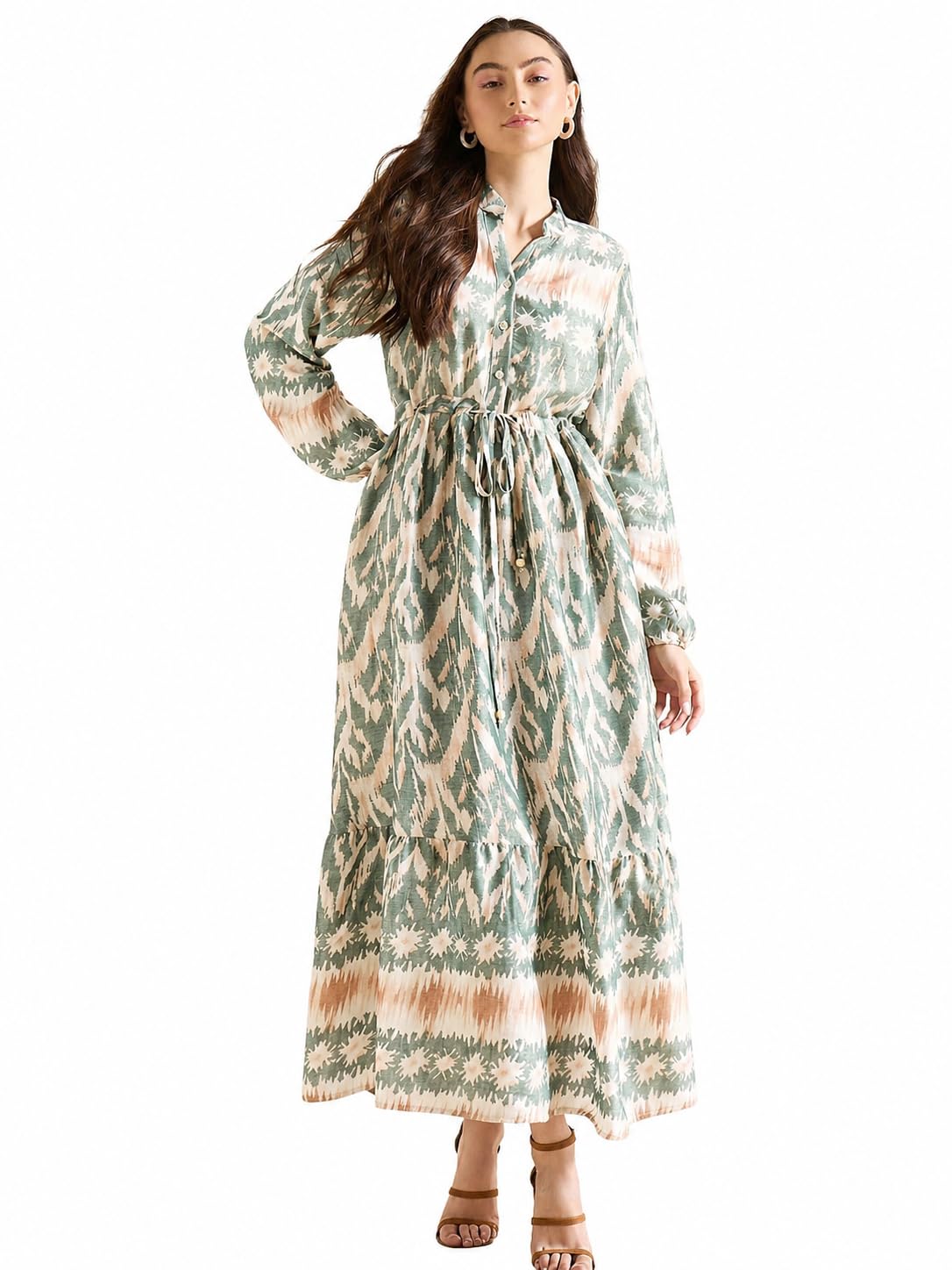 drape and dazzle Women Blue & Beige Abstract Printed Midi Dress-picture-21