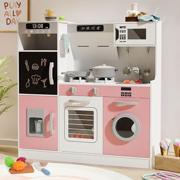 BIERUM Play Kitchen - Kids Kitchen Playset with Realistic Lights & Sounds, 28 Pcs Toy Food & Cookware Accessories