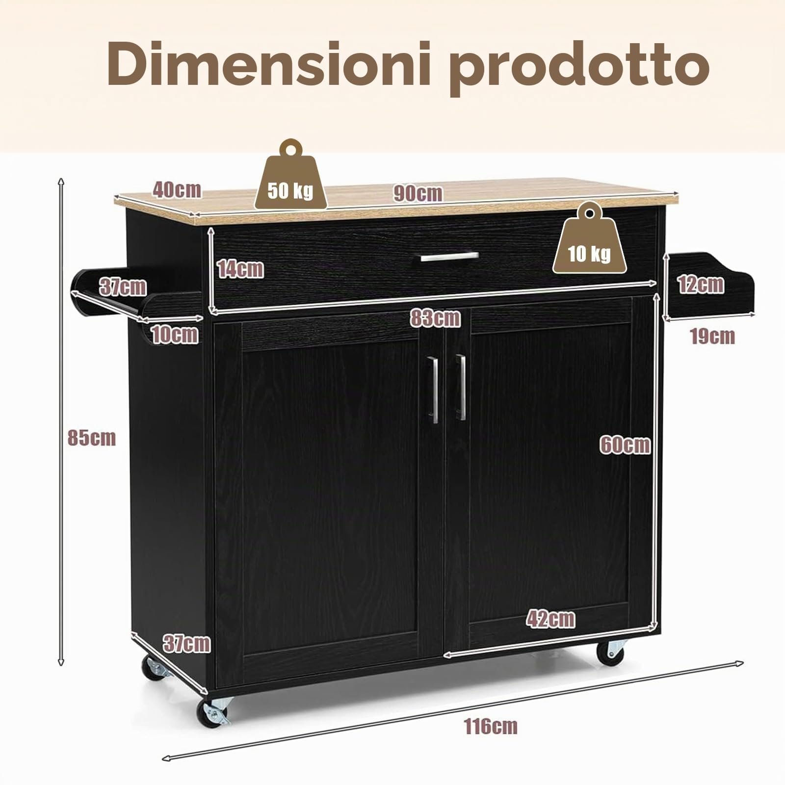 SOARS Carrello da Cucina con Ruote di Gomma, Isola Cucina con Cassetto e Ripiano Regolabile, Mobile Credenza Salvaspazio Porta Microonde, Portaspezie, Portasciugamani, 116 x 40 x 85 cm (Nero)