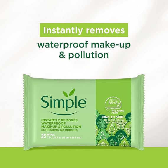 Simple Kind To Skin Cleansing Makeup Remover Wipes - Vegan Facial Cleanser Wipes with Vitamin B5 and E - Removes Waterproof Makeup - 4 pc