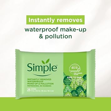 Simple Kind To Skin Cleansing Makeup Remover Wipes - Vegan Facial Cleanser Wipes with Vitamin B5 and E - Removes Waterproof Makeup - 4 pc