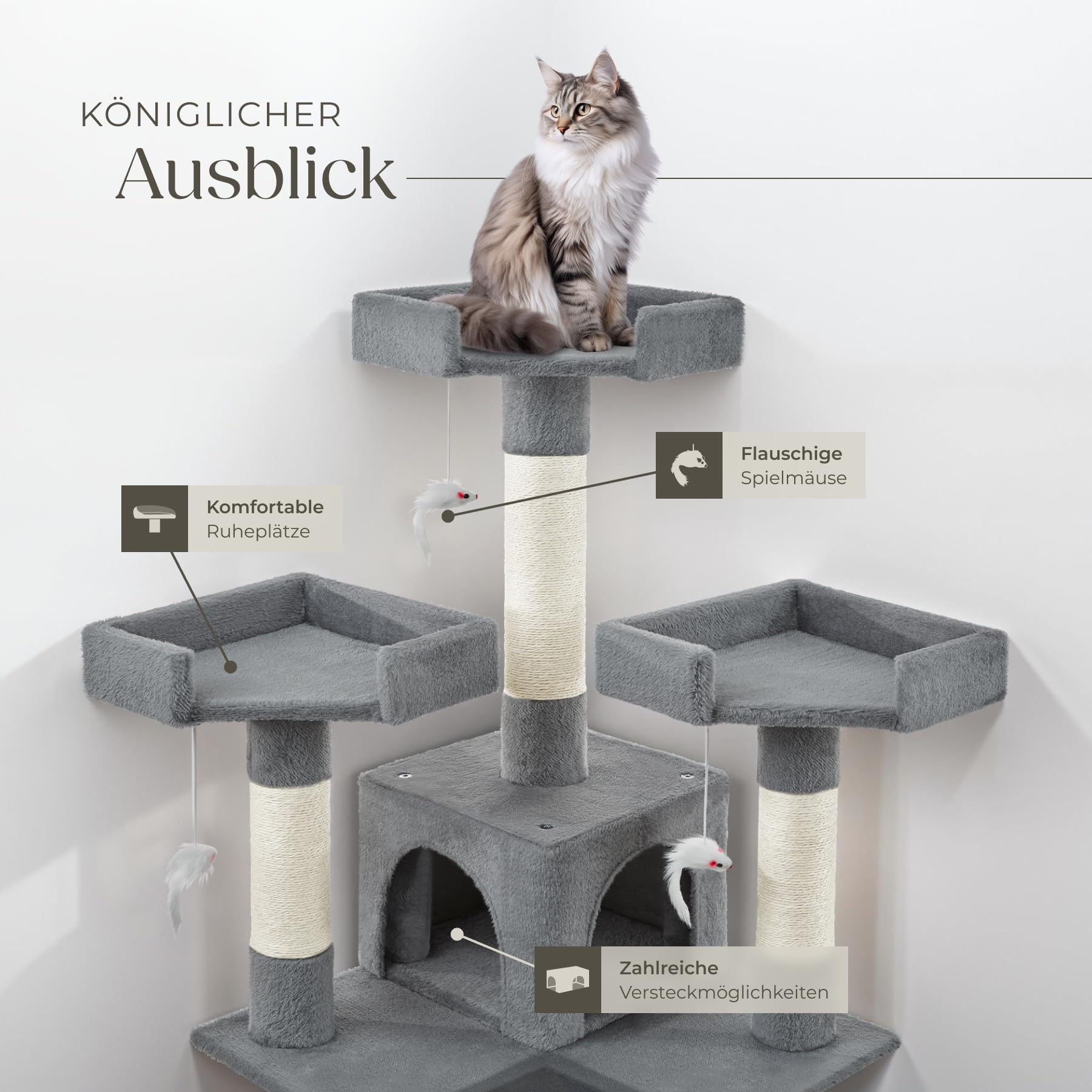 tectake® Katzen Kratzbaum groß, für Katzen und Kitten, mit 2X Katzenhaus, 4X Katzenspielzeug Spielmaus und 2X Katzenleiter zum Klettern, Kratzsäule Sisalseil, Kippschutz mit Wandmontage - grau