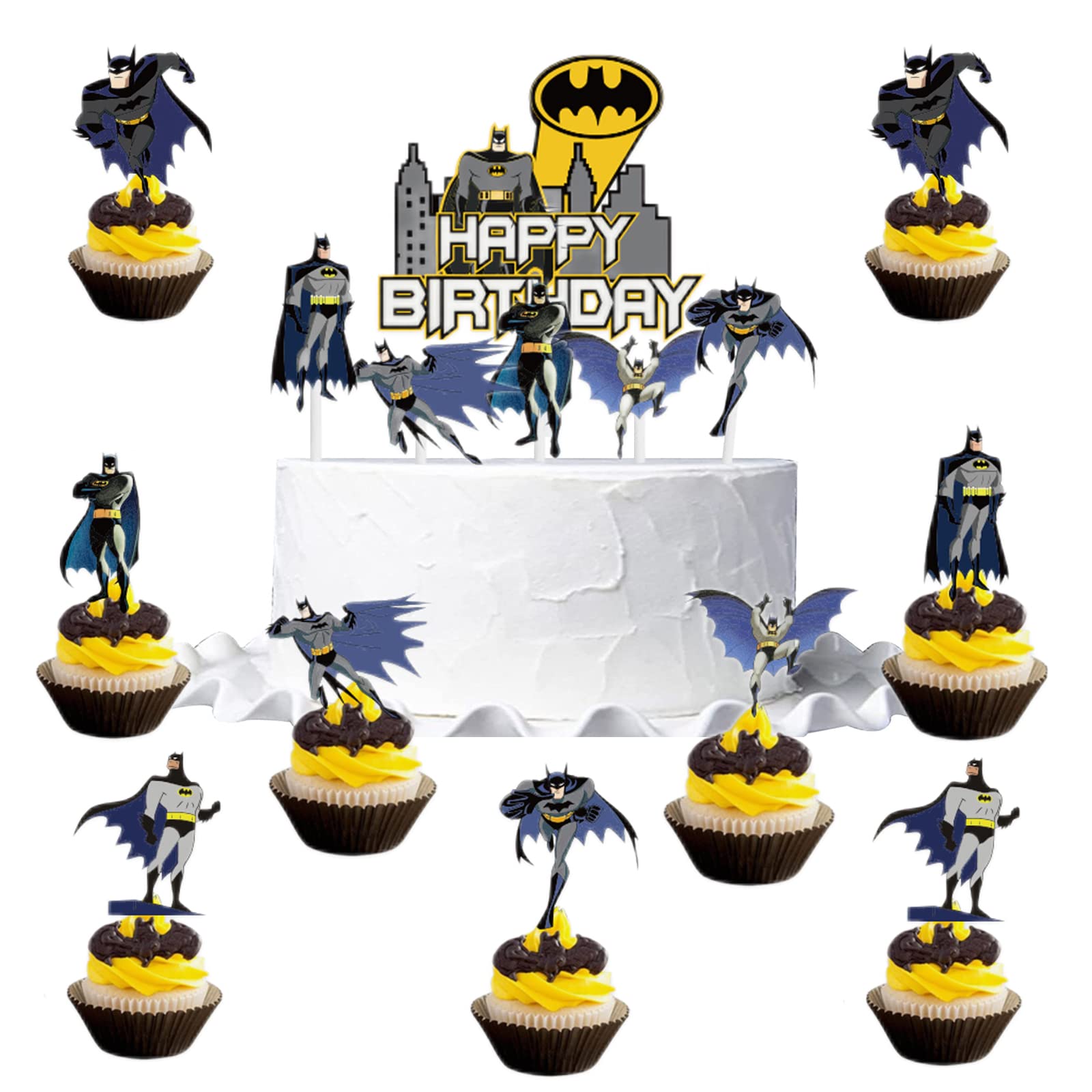 Superhero Batman Cake Toppers, 15Pcs Happy Birthday Decorations for Boys, Girls, Kids - Cupcake Toppers for Superhero Party Supplies