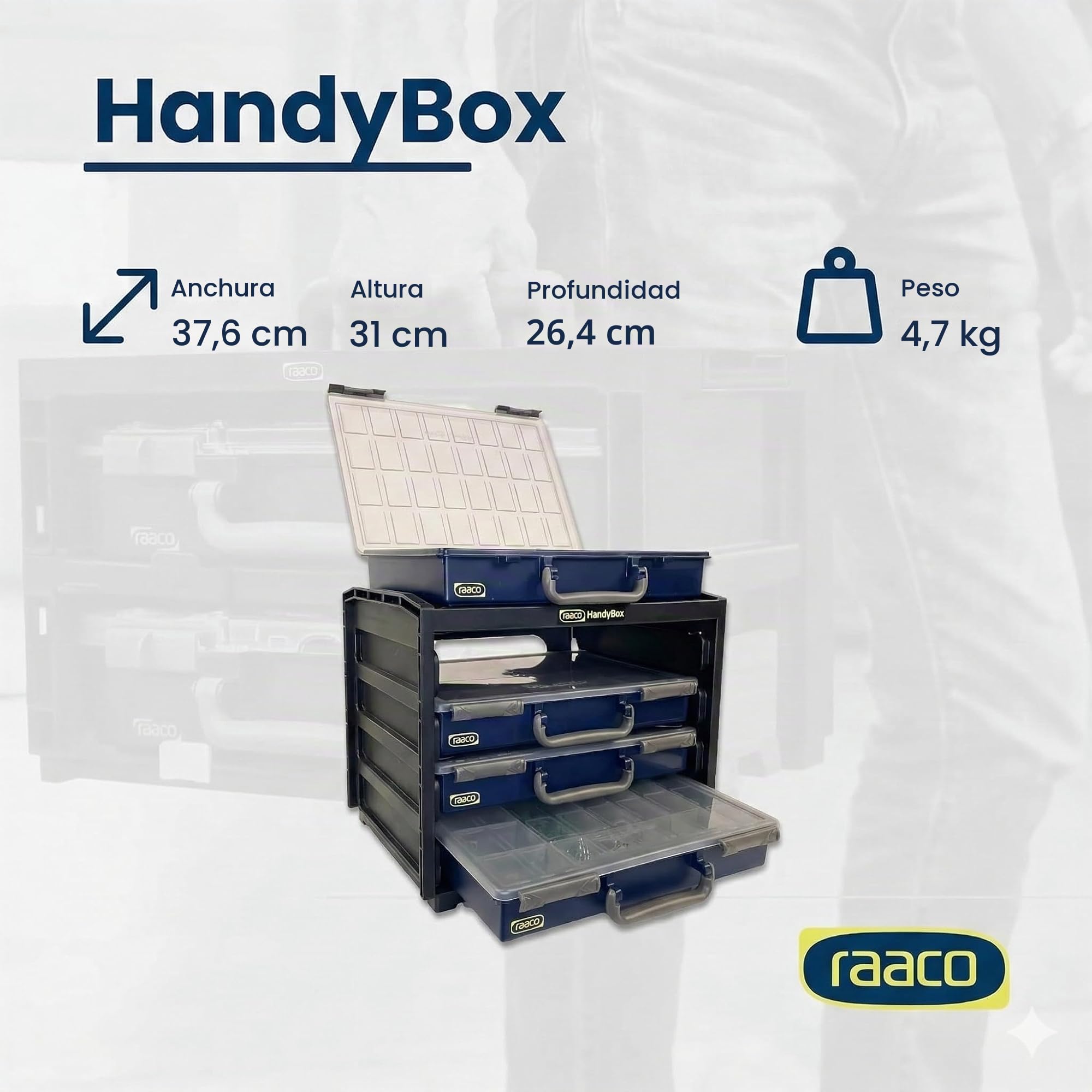 Raaco HandyBox 55x4, Caja de almacenamiento para taller con 4 cajas set | Caja de almacenamiento para taller con 4 cajas para tornillos y herramientas, Capacidad de Carga de 25 kg 26,5 x 37,6 x 31 cm