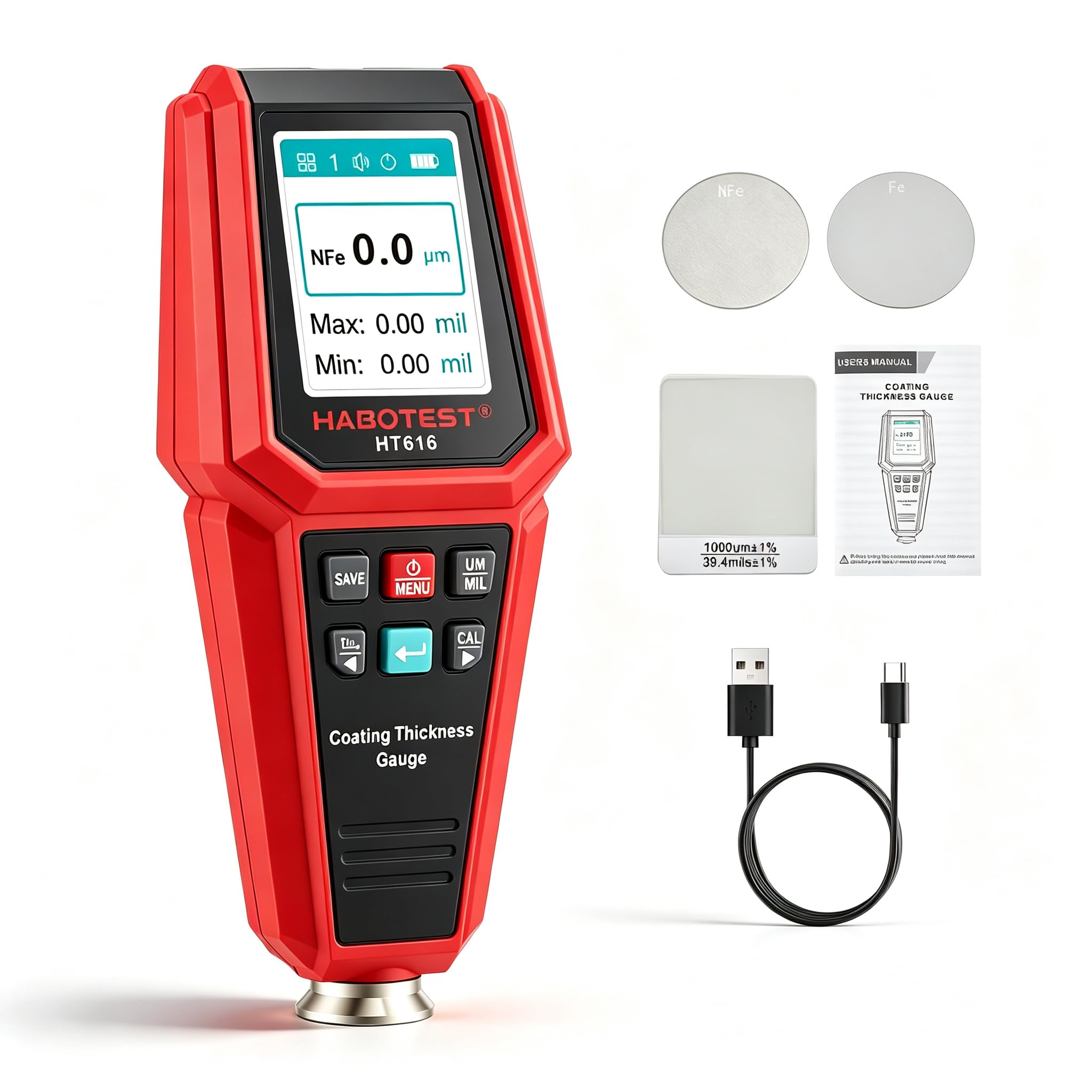 Jauge d'épaisseur de peinture pour voiture, 0-1800 μm avec écran LCD, précision ± 3 %, résolution de 0,1 µm, automatique Fe/NFe, alarme de limite supérieure/inférieure, calibrage à 3 points, mémoire