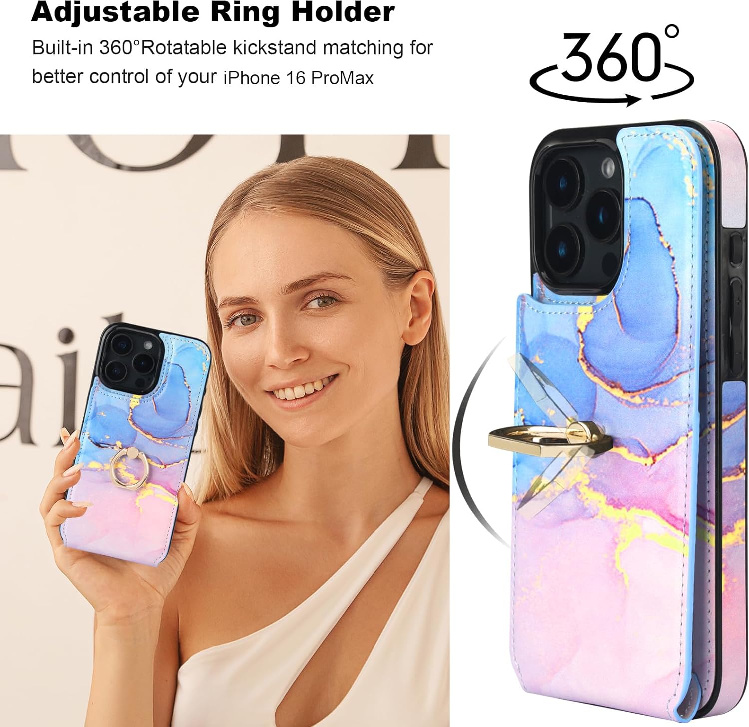 HAOPINSH for iPhone 16 Pro Max Wallet Case with Card Holder, 360°Rotation Ring Kickstand, Pink Blue Marble Pattern, RFID Blocking Leather for Girls Women, Double Buttons Protective Cover 6.9" - Image 3