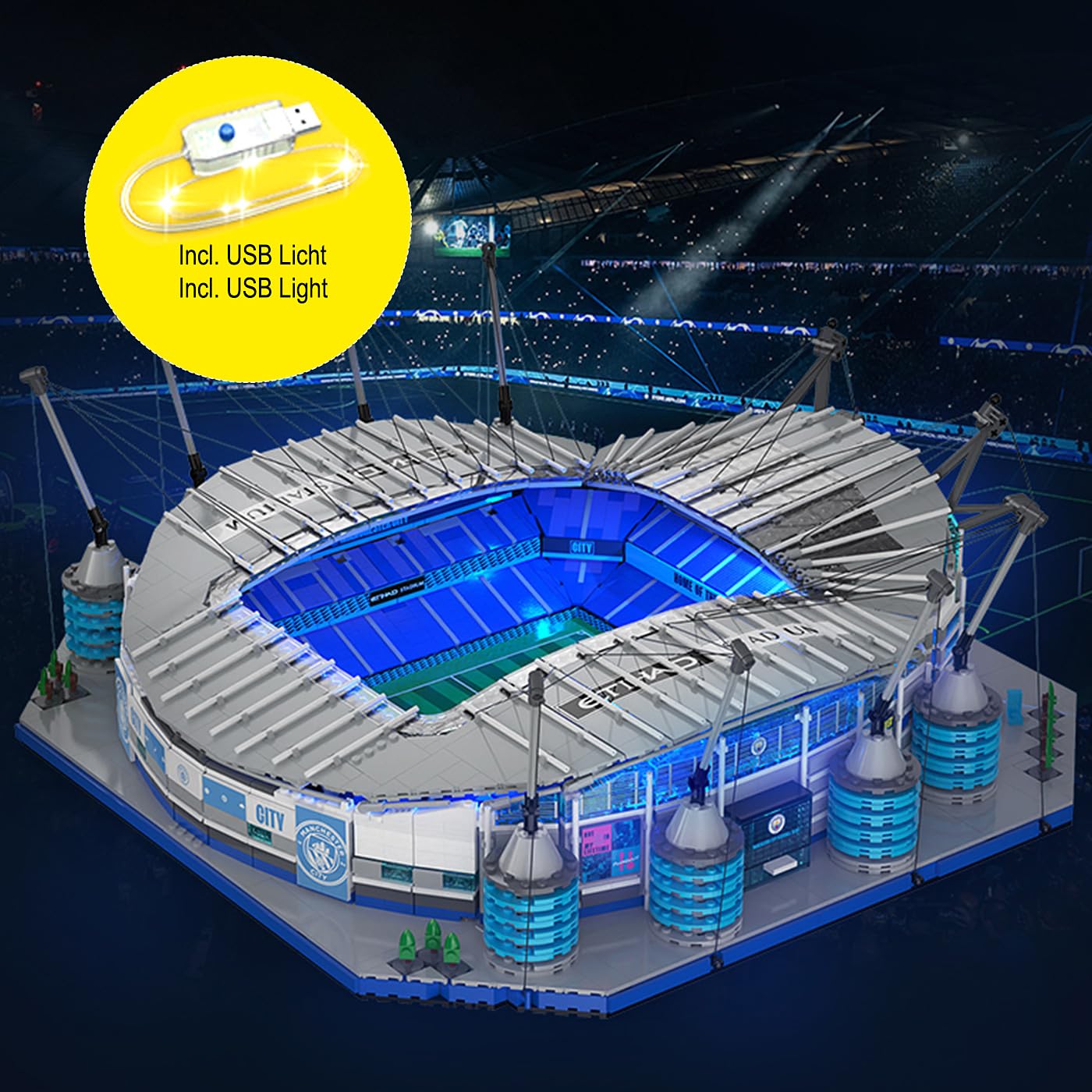 JAMARA 402904 CADA Etihad Stadion Manchester City FC Bricks, od 14 lat, zestaw klocków zaciskowych, model duży, zestaw klocków, wierne wzornictwo, światło LED, moduły prezentowane pojedynczo