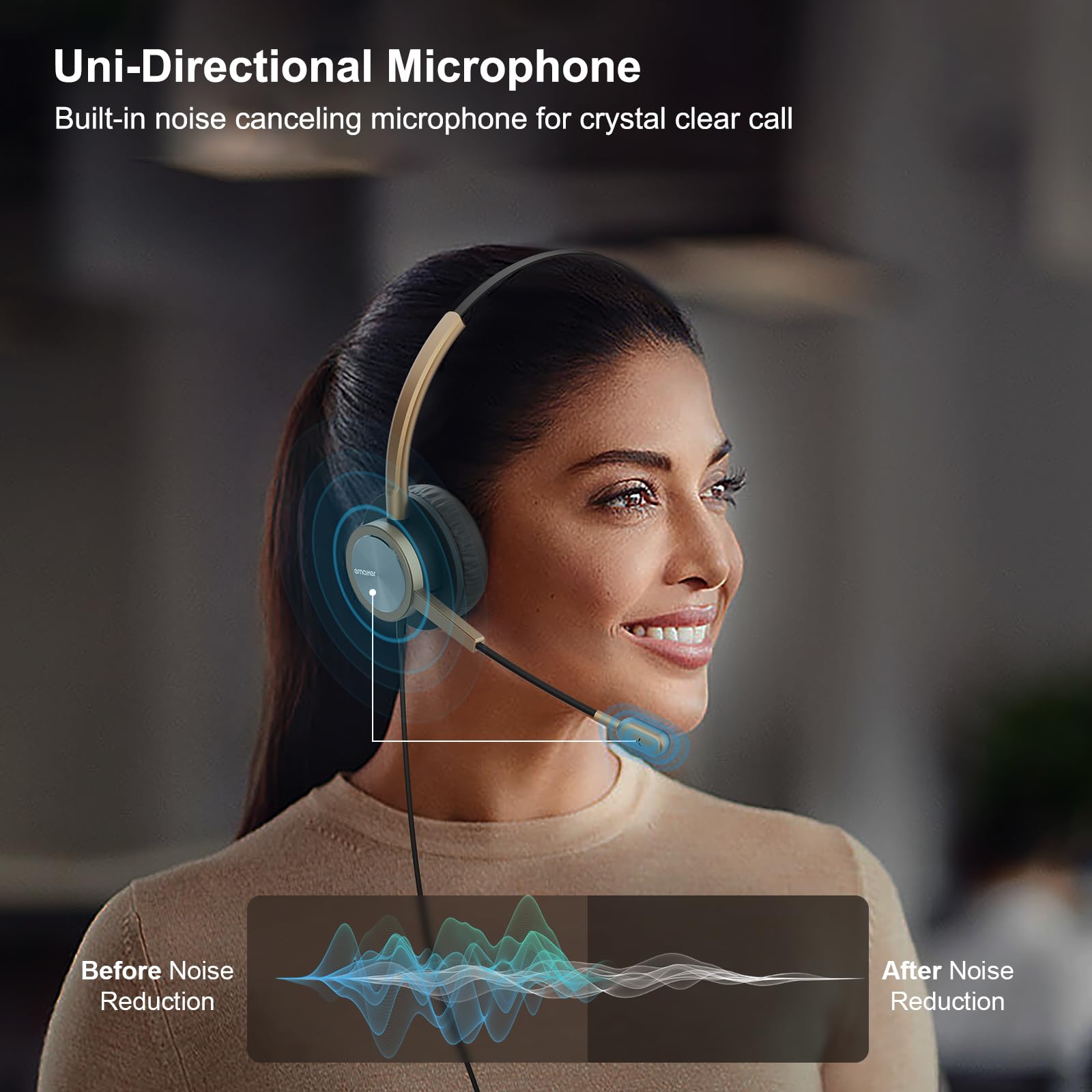Cuffie USB con Microfono con Filo a Cancellazione del Rumore per PC, Over Ear Auricolari con Microfono per Ufficio Call Center Lavoro Skype Microsoft Teams Zoom Dragon Dettatura Smart Working